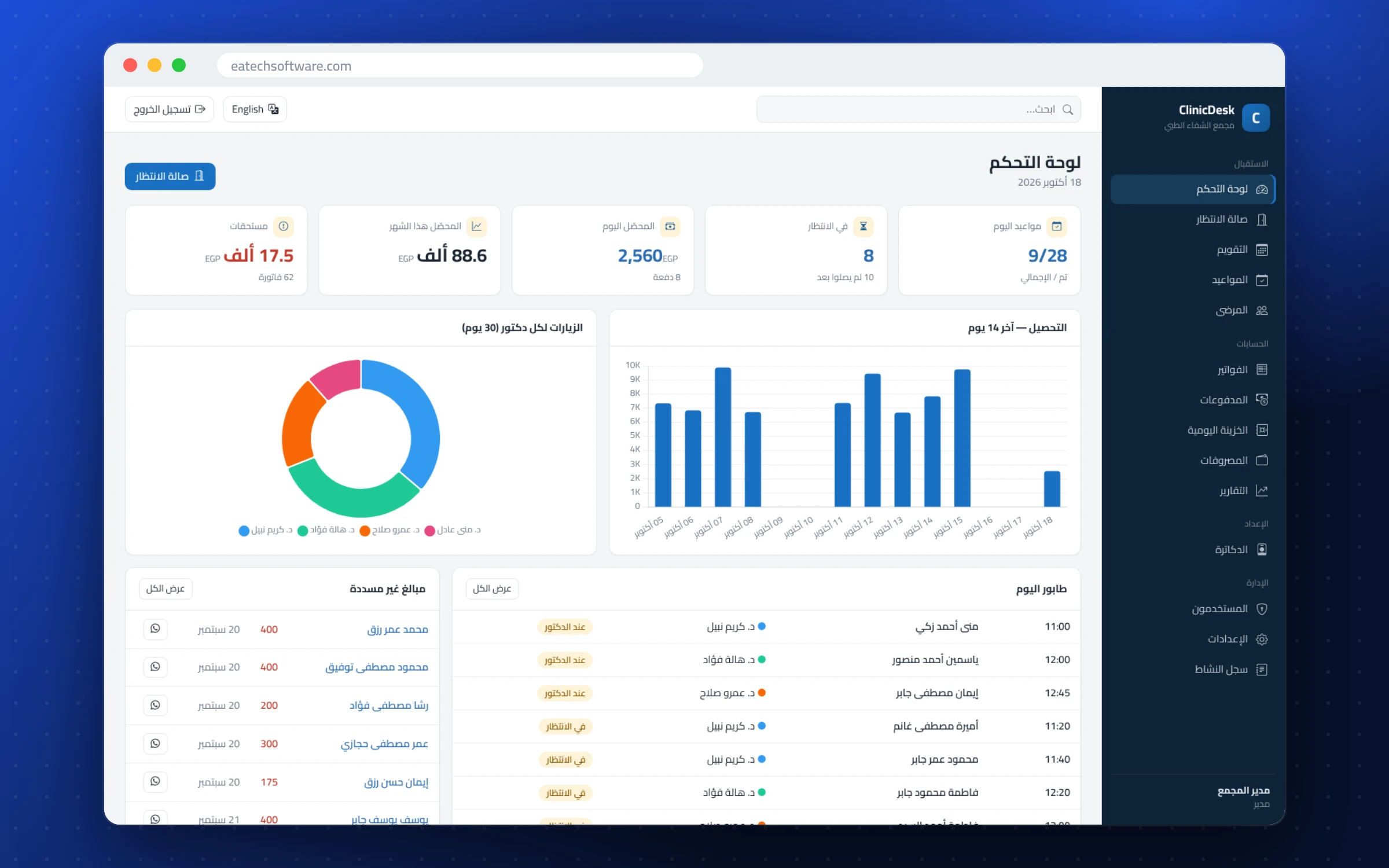 ClinicDesk — استقبال العيادة — لوحة التحكم: مواعيد النهارده وغرفة الانتظار والمدفوعات والمستحق