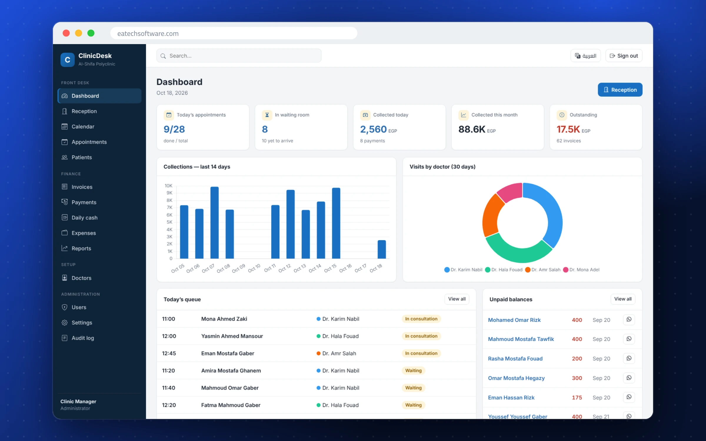 ClinicDesk — Clinic Front Desk — Dashboard: today’s appointments, waiting room, payments and outstanding