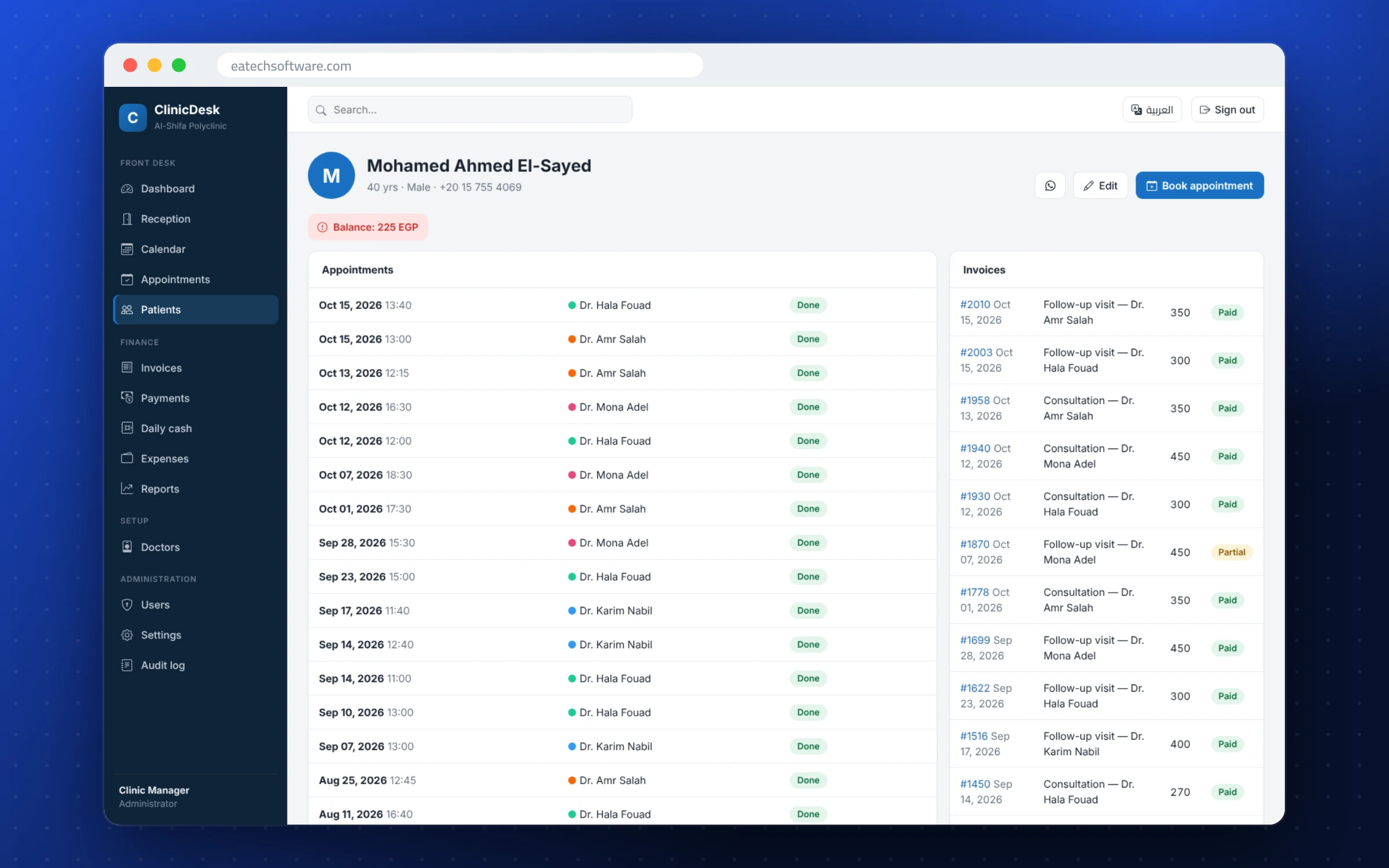 ClinicDesk — Clinic Front Desk — Patient file with visits and invoices