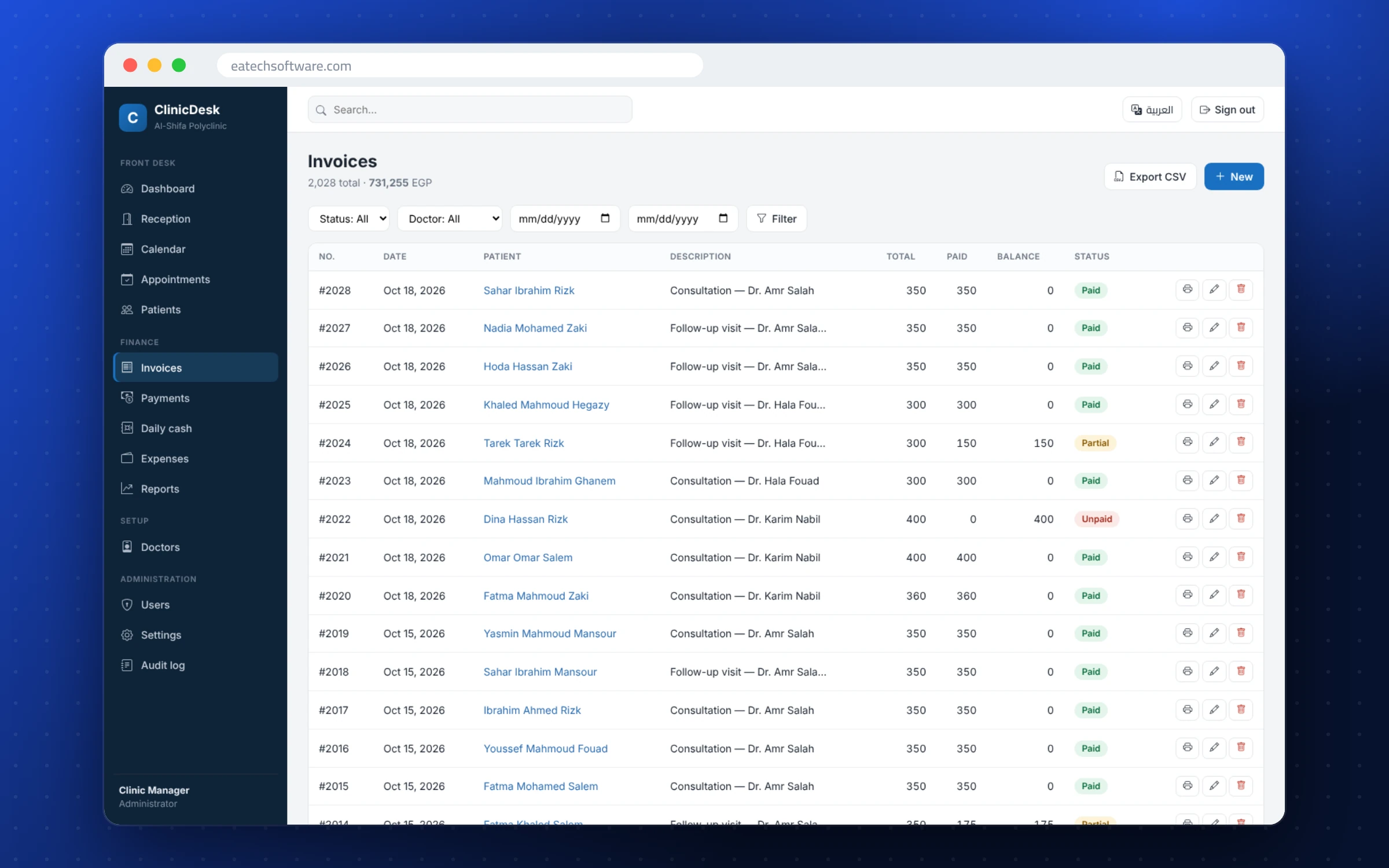ClinicDesk — Clinic Front Desk — Invoices with payment status