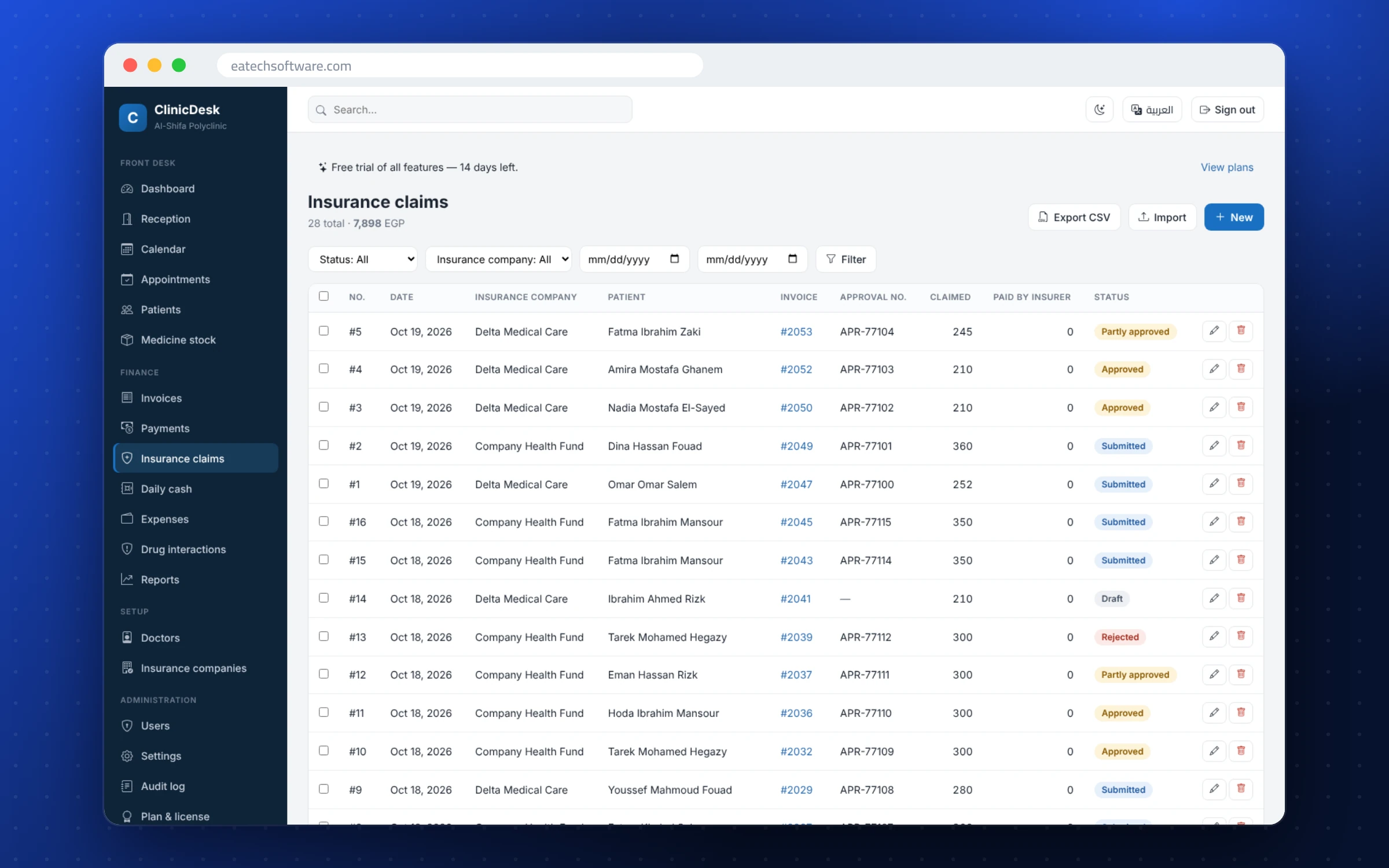 ClinicDesk — Clinic Front Desk — Insurance claims by company with approval numbers and statuses