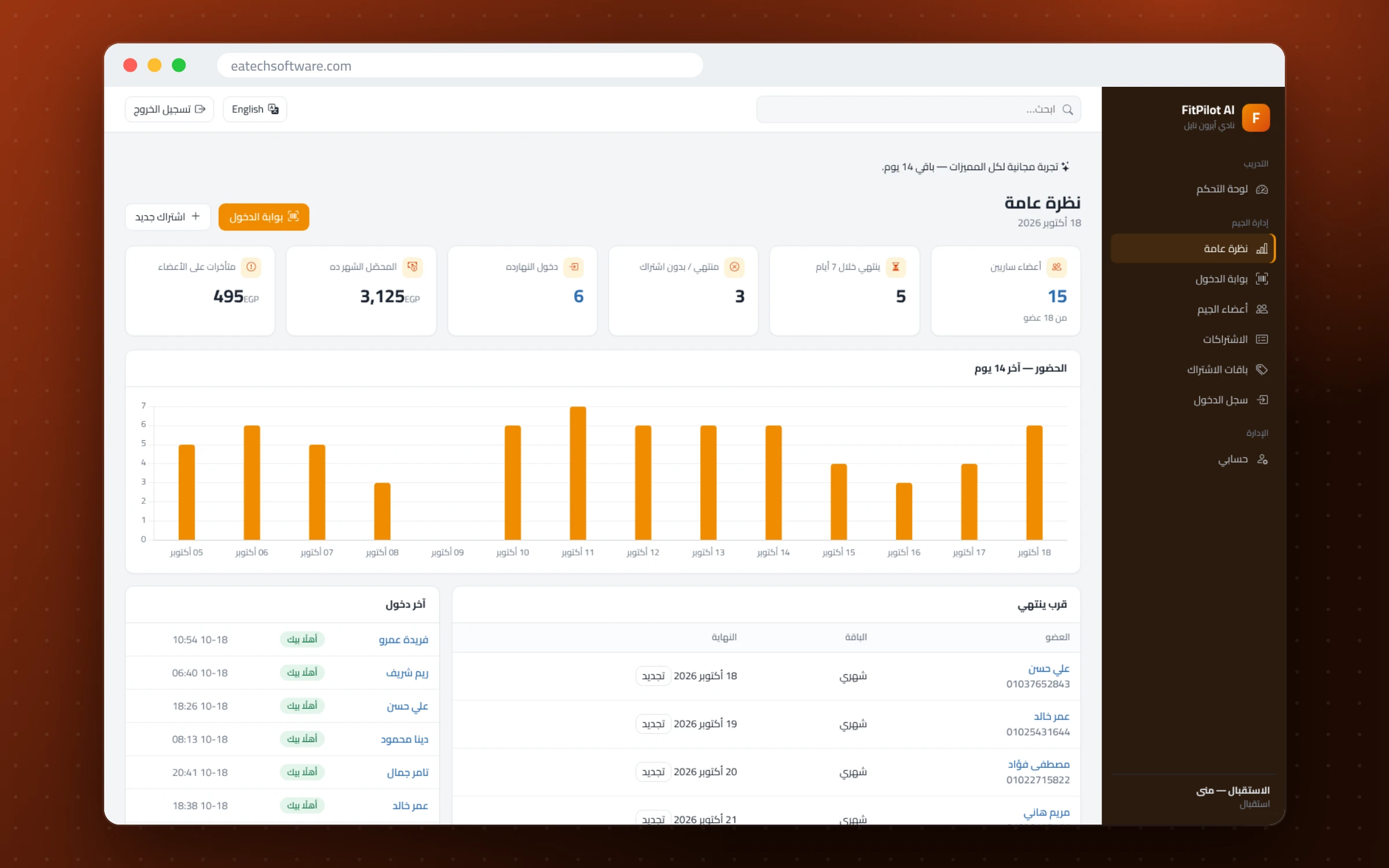 FitPilot AI — إدارة الجيم ومدرب التمارين — مكتب الجيم: الأعضاء الساريين والانتهاءات والتحصيل والحضور