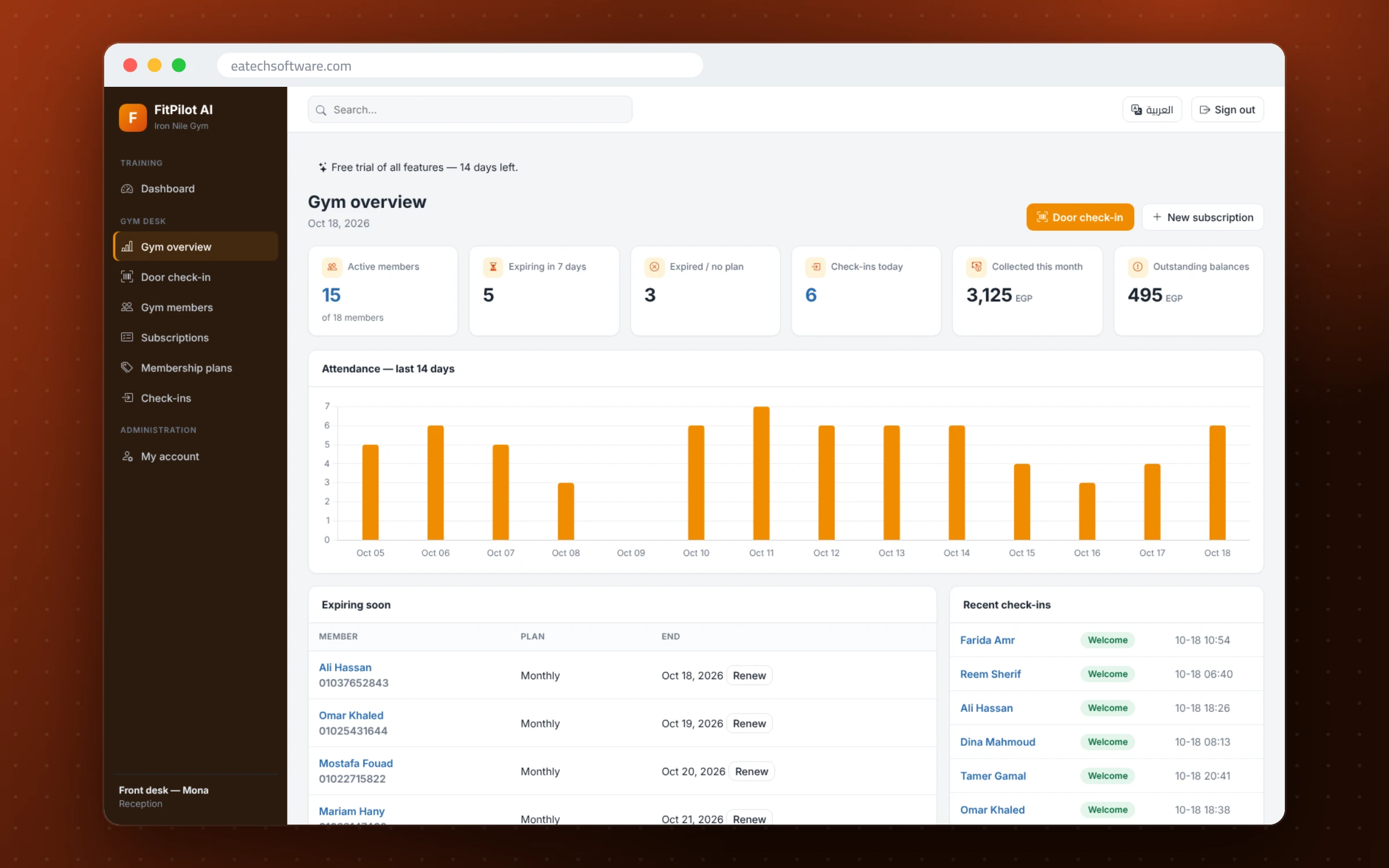 FitPilot AI — Gym Management & Training Coach — Gym desk: active members, expiries, collections and attendance