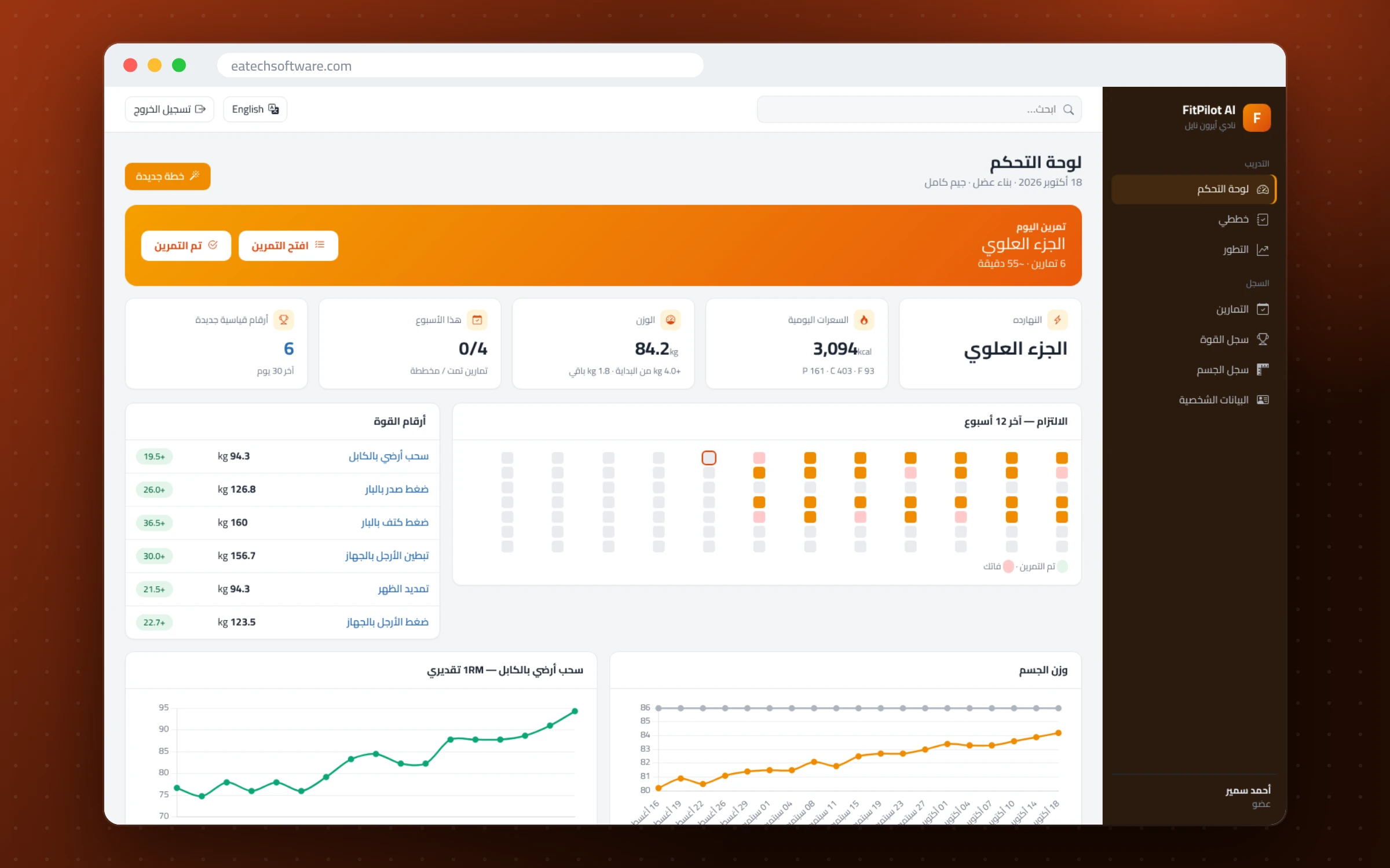 FitPilot AI — إدارة الجيم ومدرب التمارين — لوحة العضو: تمرين اليوم والسعرات والوزن وخريطة الالتزام
