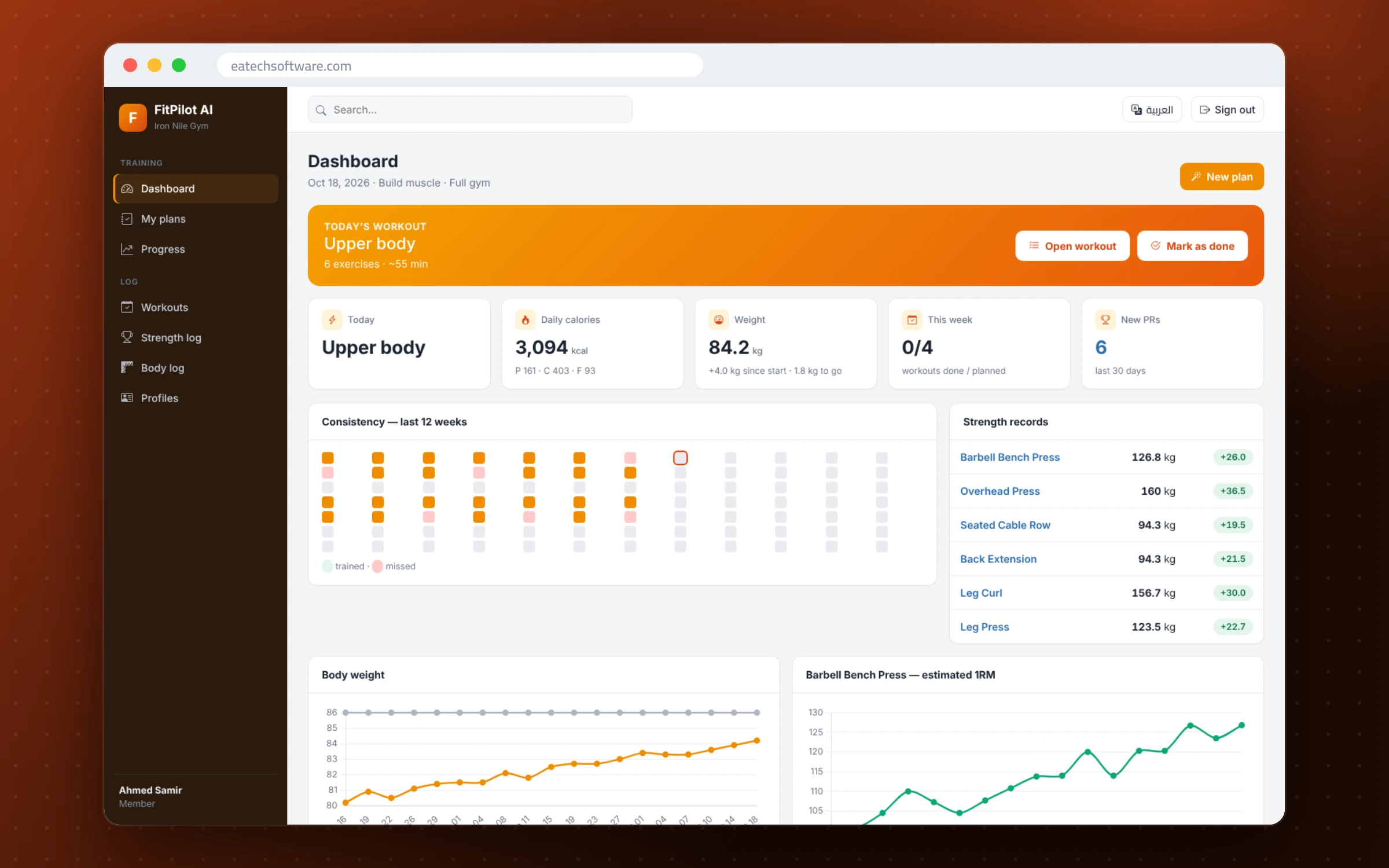 FitPilot AI — Gym Management & Training Coach — Member dashboard: today’s workout, calories, weight and consistency map