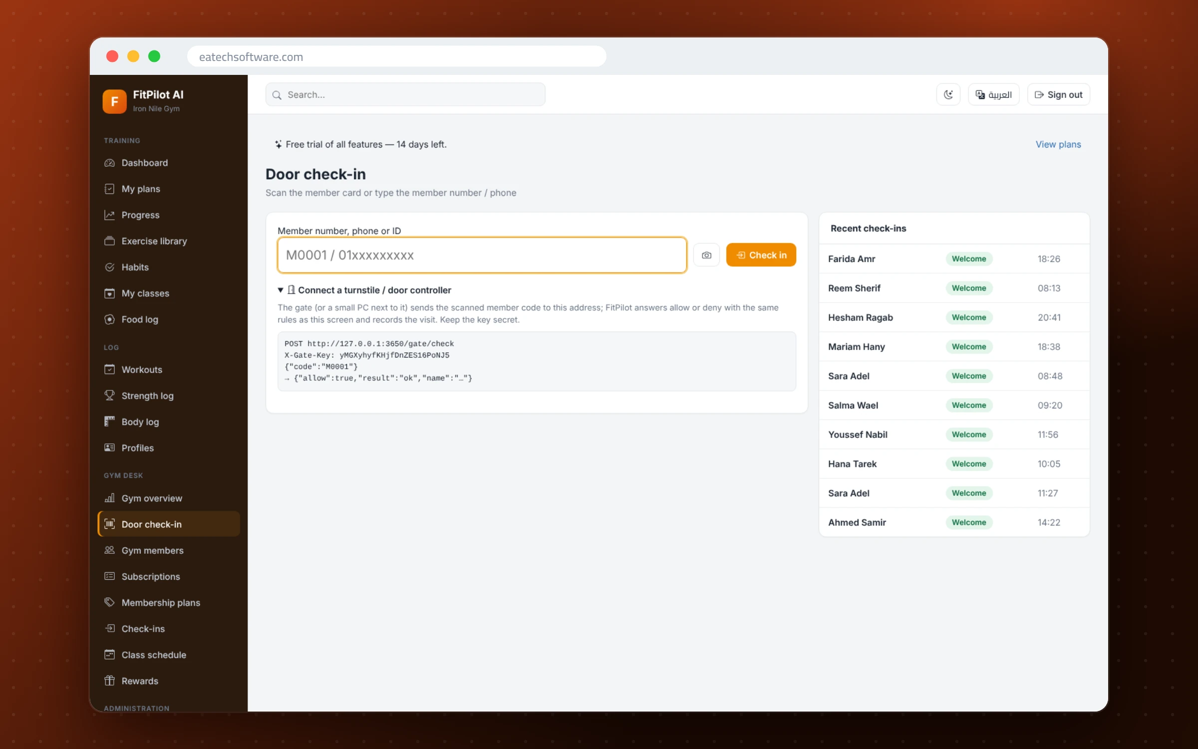 FitPilot AI — Gym Management & Training Coach — Door check-in by camera QR plus a turnstile API