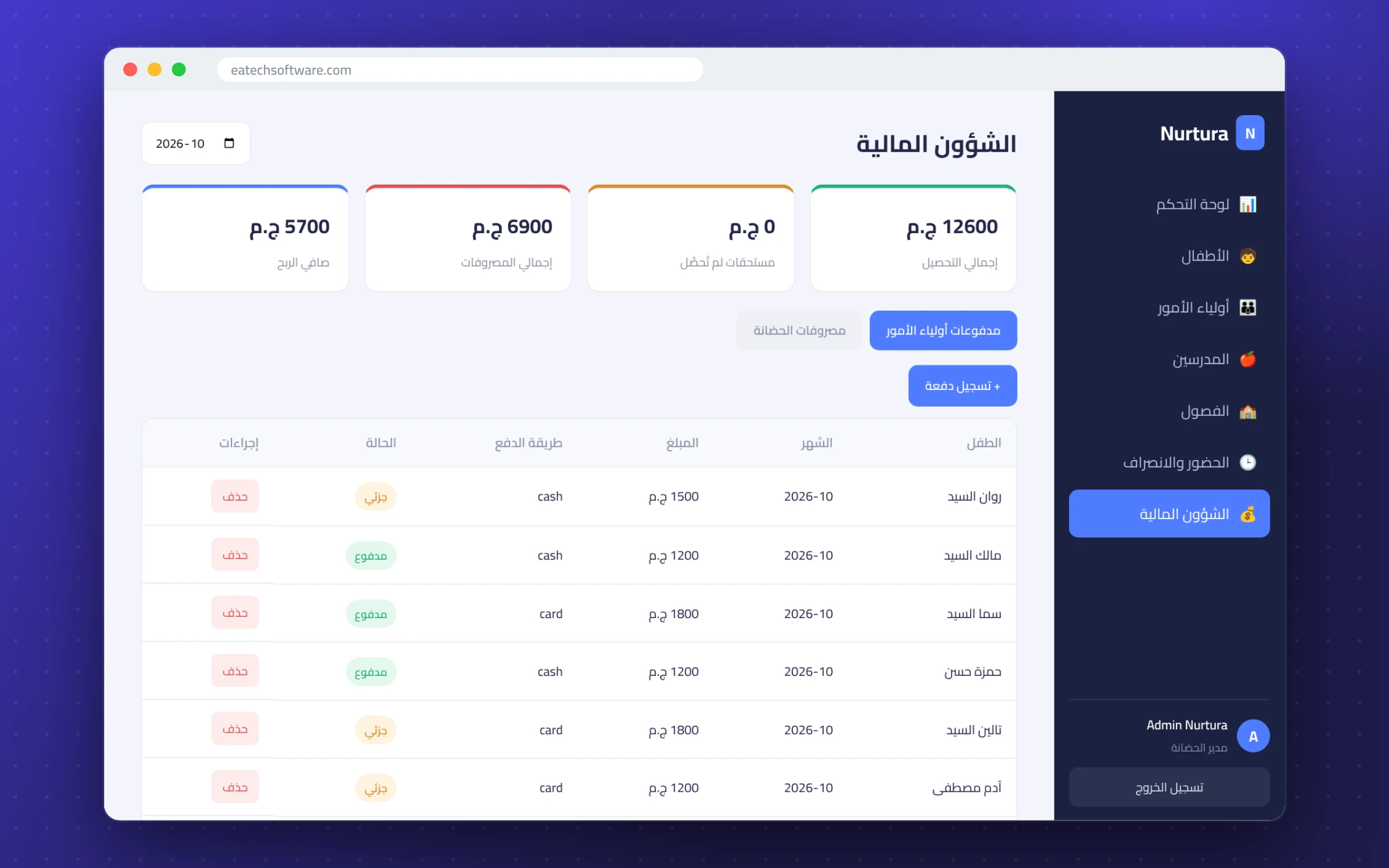 Nurtura — Nursery Management — Finance — monthly income, expenses and fees