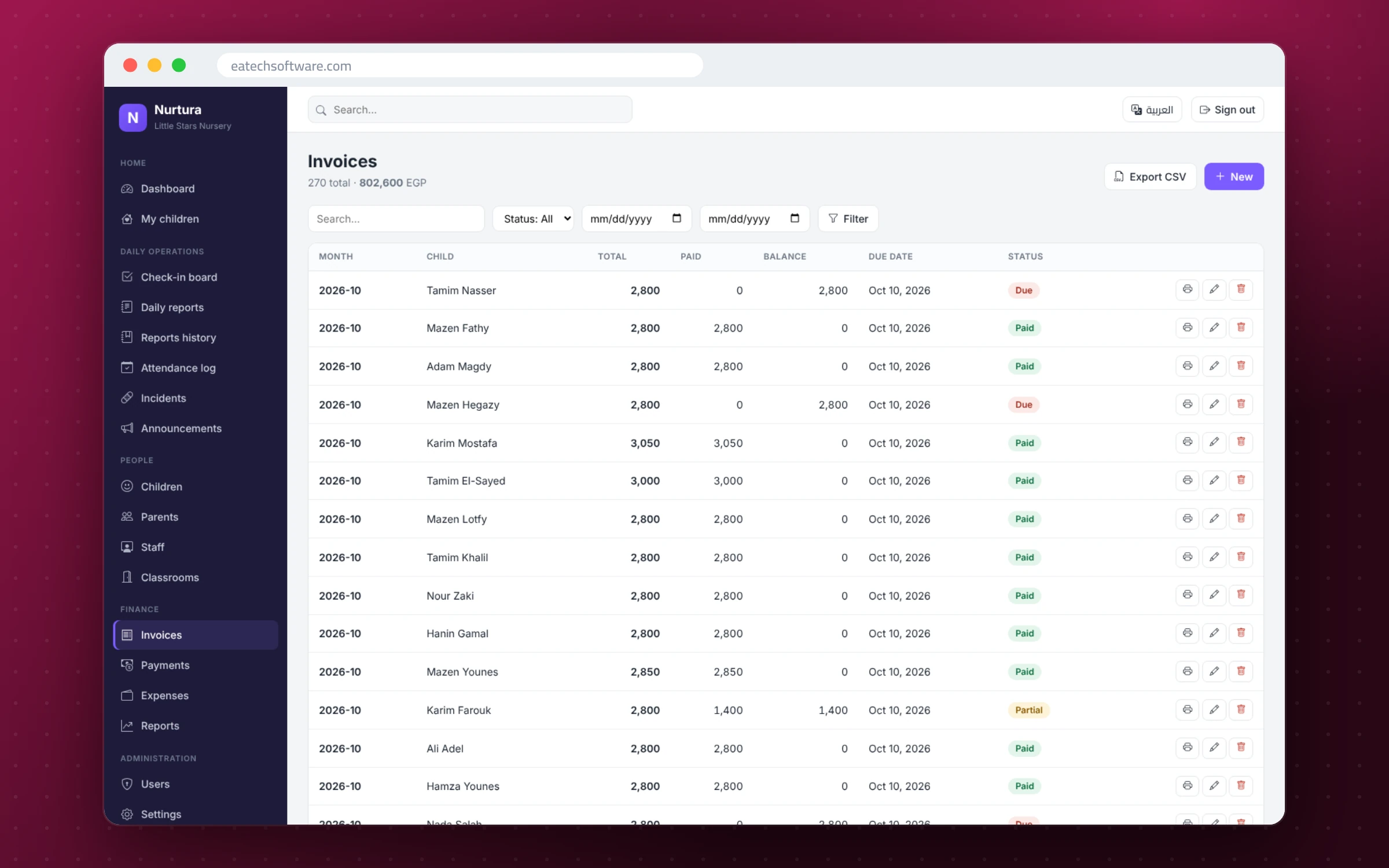 Nurtura — Nursery Management — Tuition invoices with status