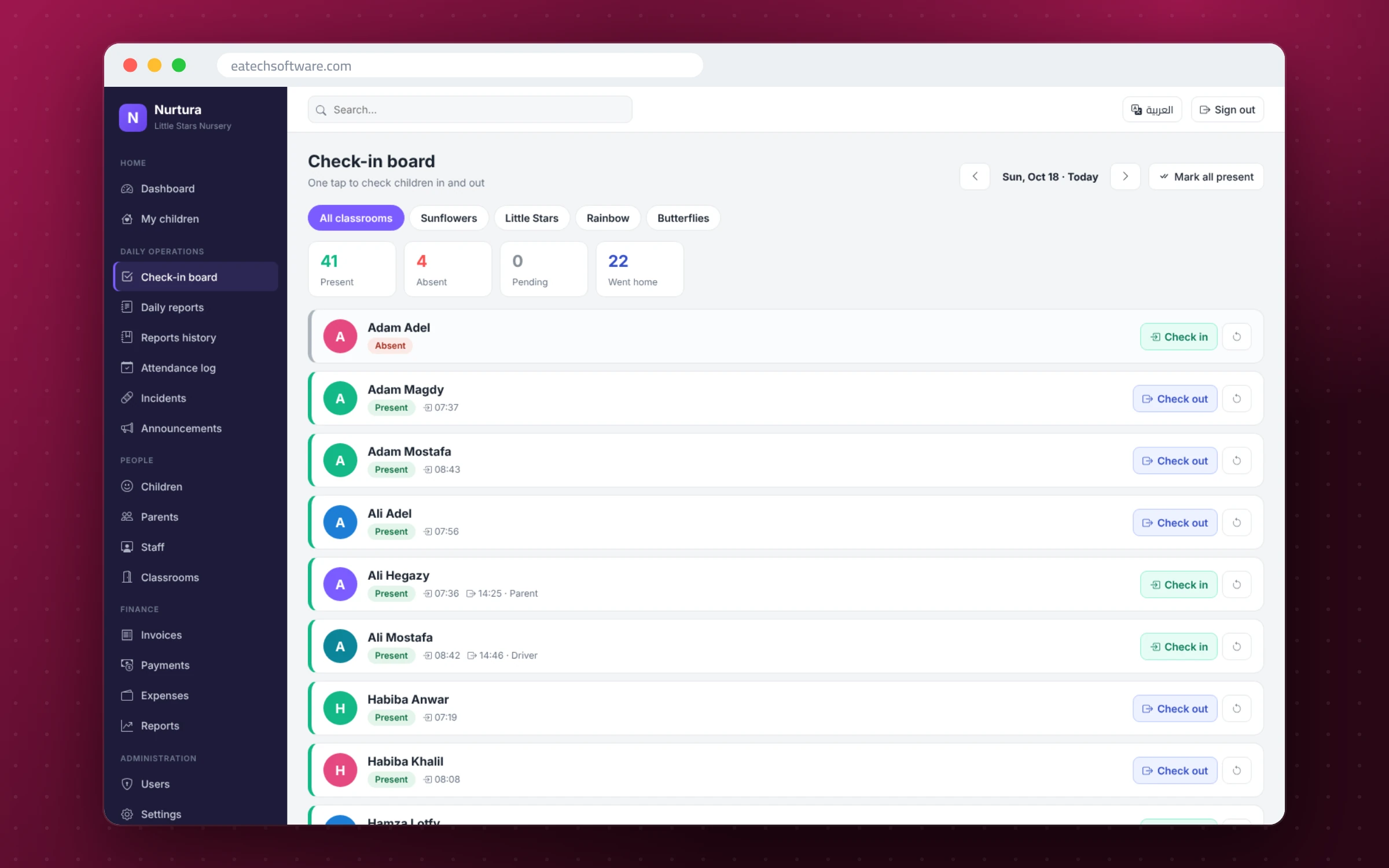 Nurtura — Nursery Management — Check-in board with allergy alerts