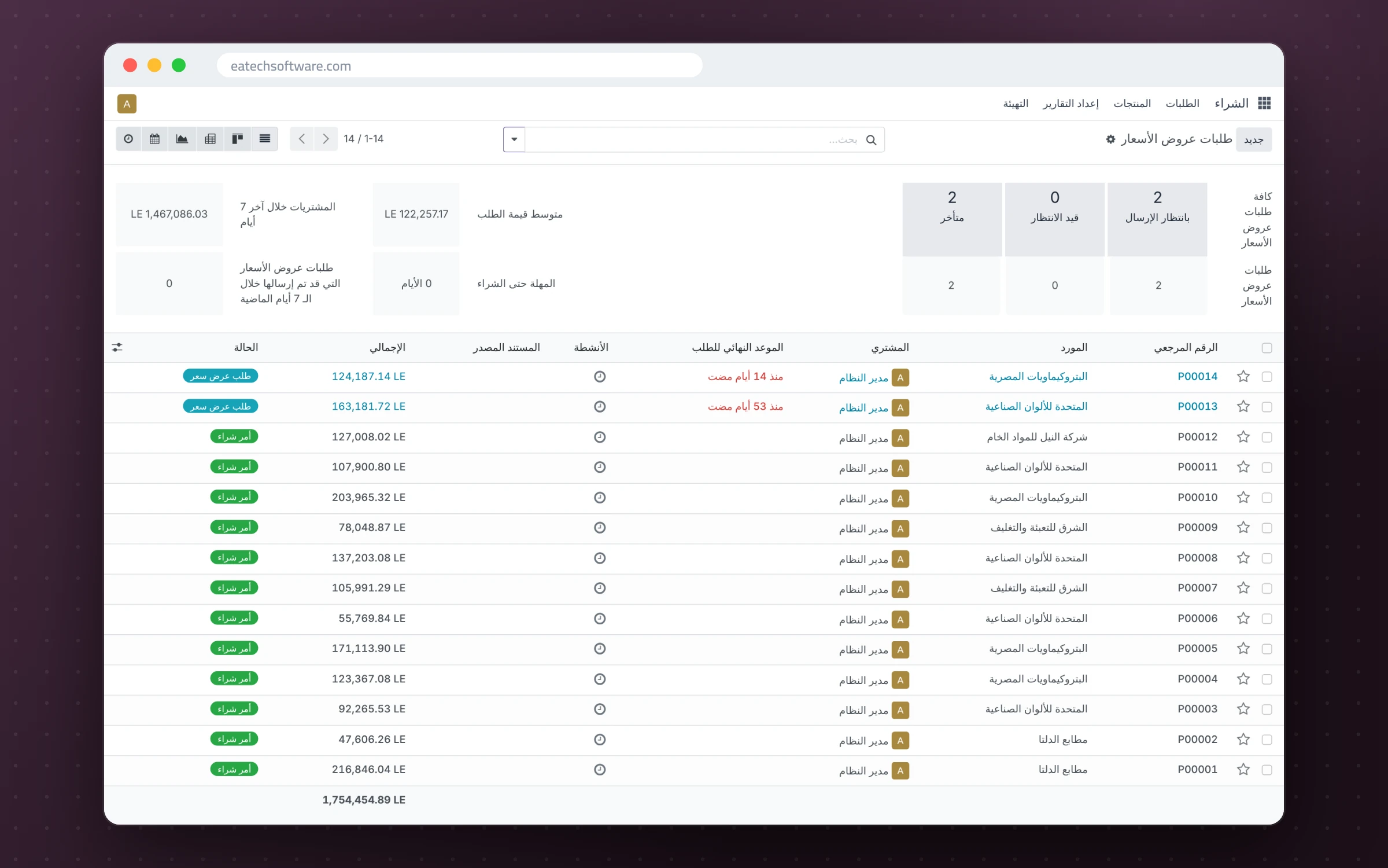 حلول أودو المتكاملة للمصانع الكبيرة — أوامر الشراء وفواتير الموردين