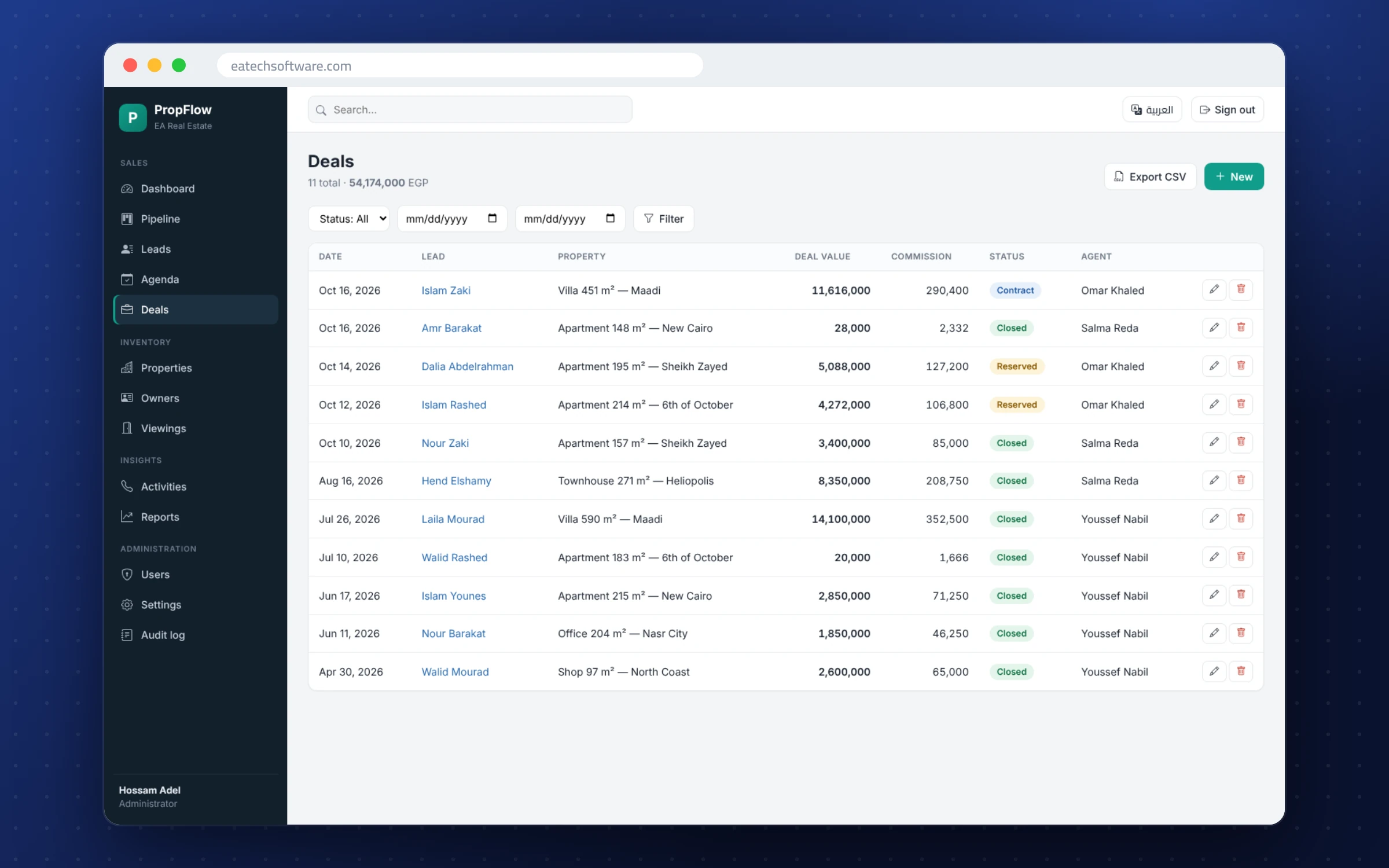 PropFlow — Real-Estate CRM — Deals with value and agent commission