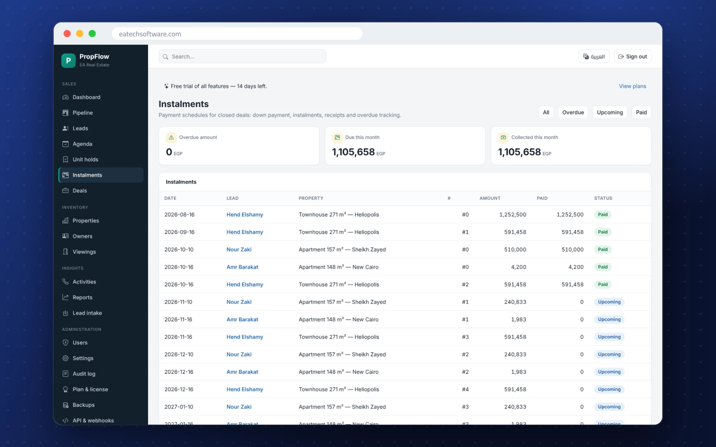 PropFlow — Real-Estate CRM — Instalment plans across all deals