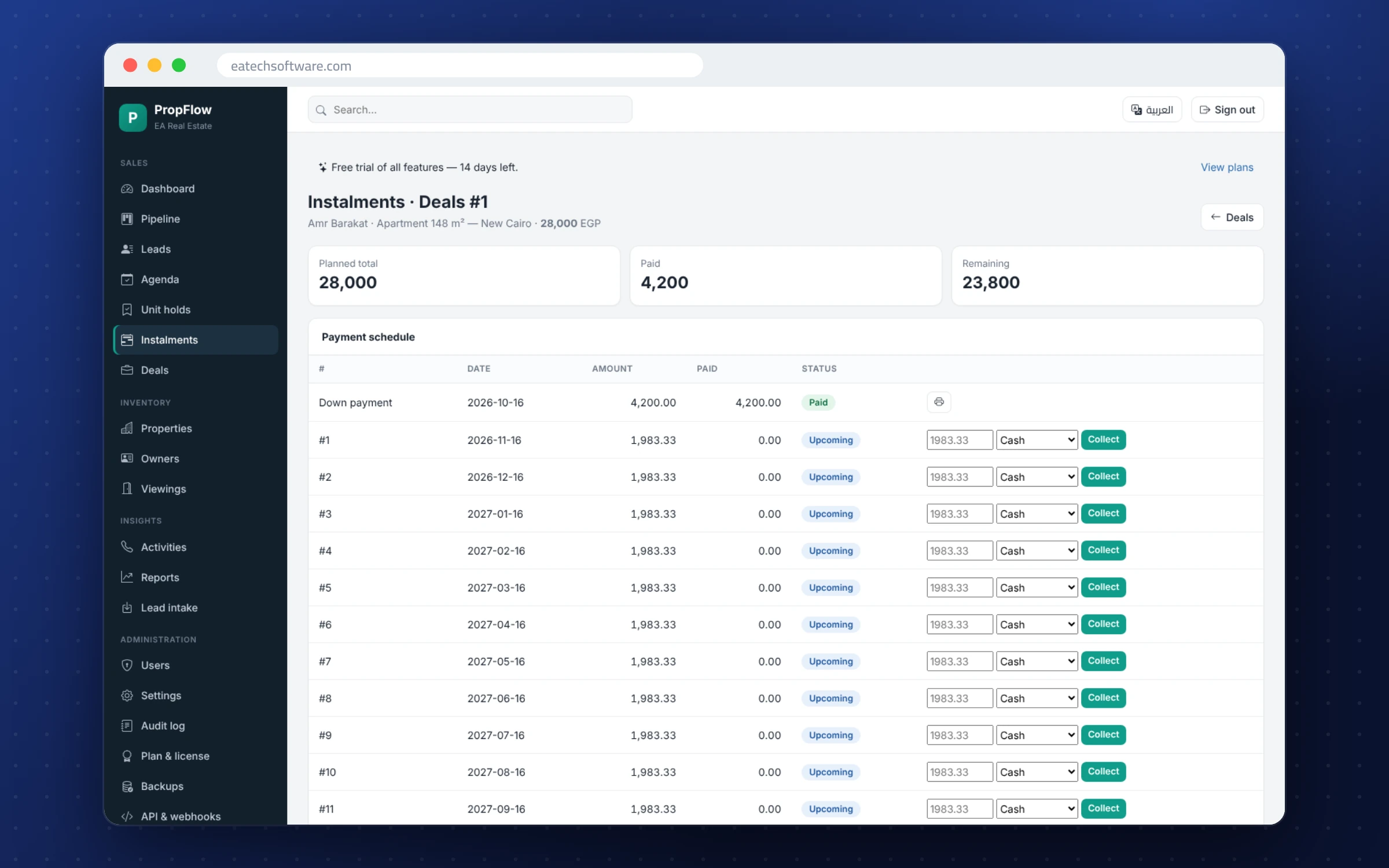 PropFlow — Real-Estate CRM — Payment schedule per deal with receipts