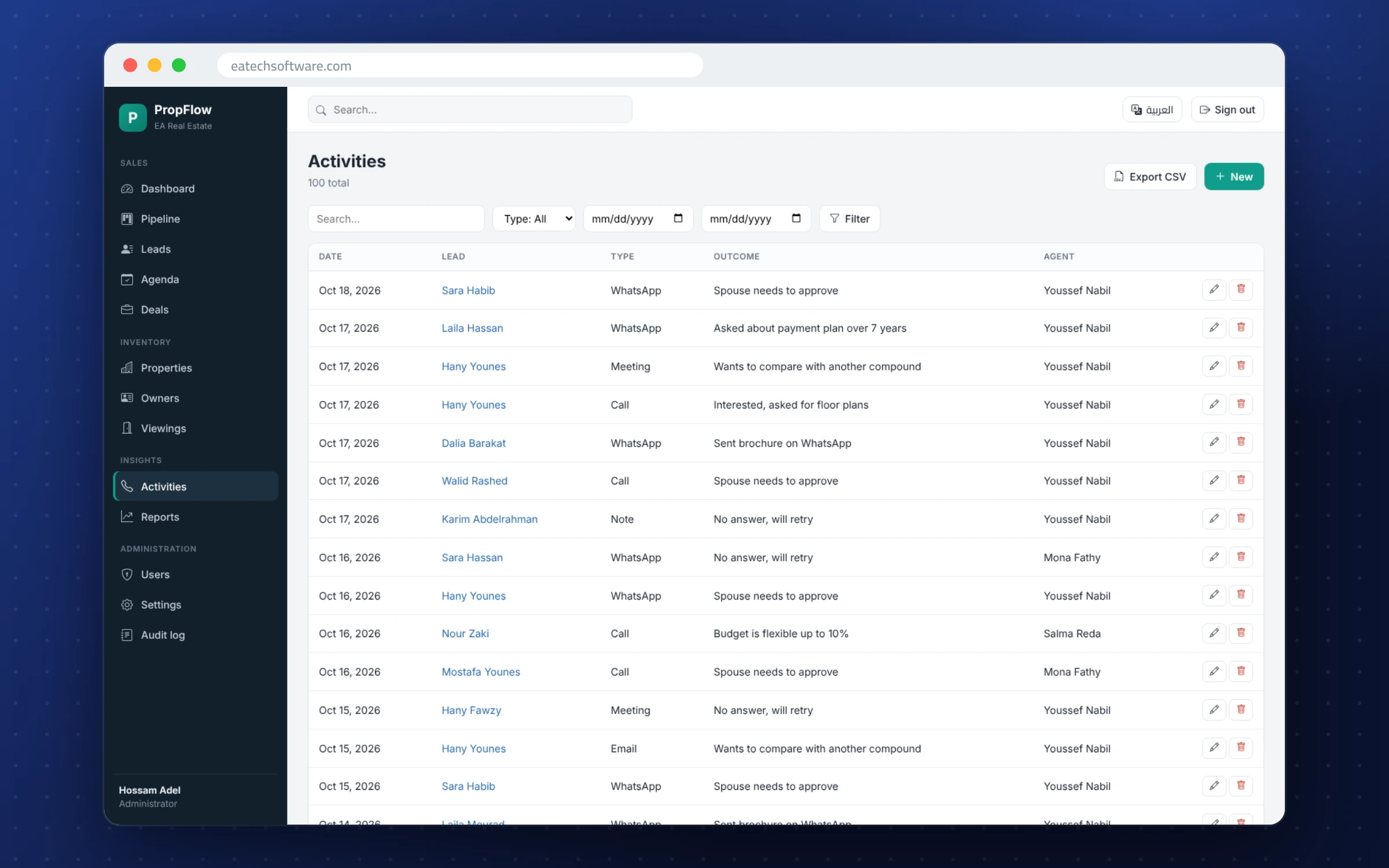 PropFlow — Real-Estate CRM — Activity log: calls, messages and meetings