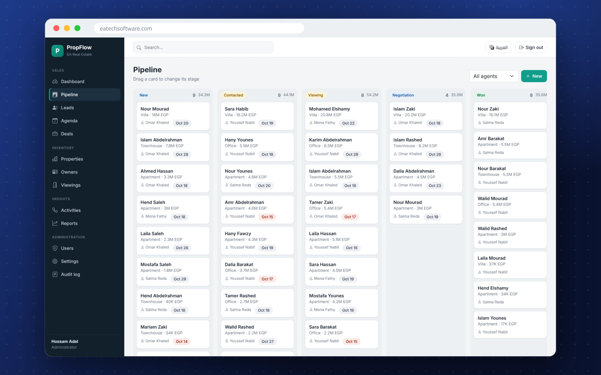 PropFlow — Real-Estate CRM — Drag-and-drop pipeline by stage