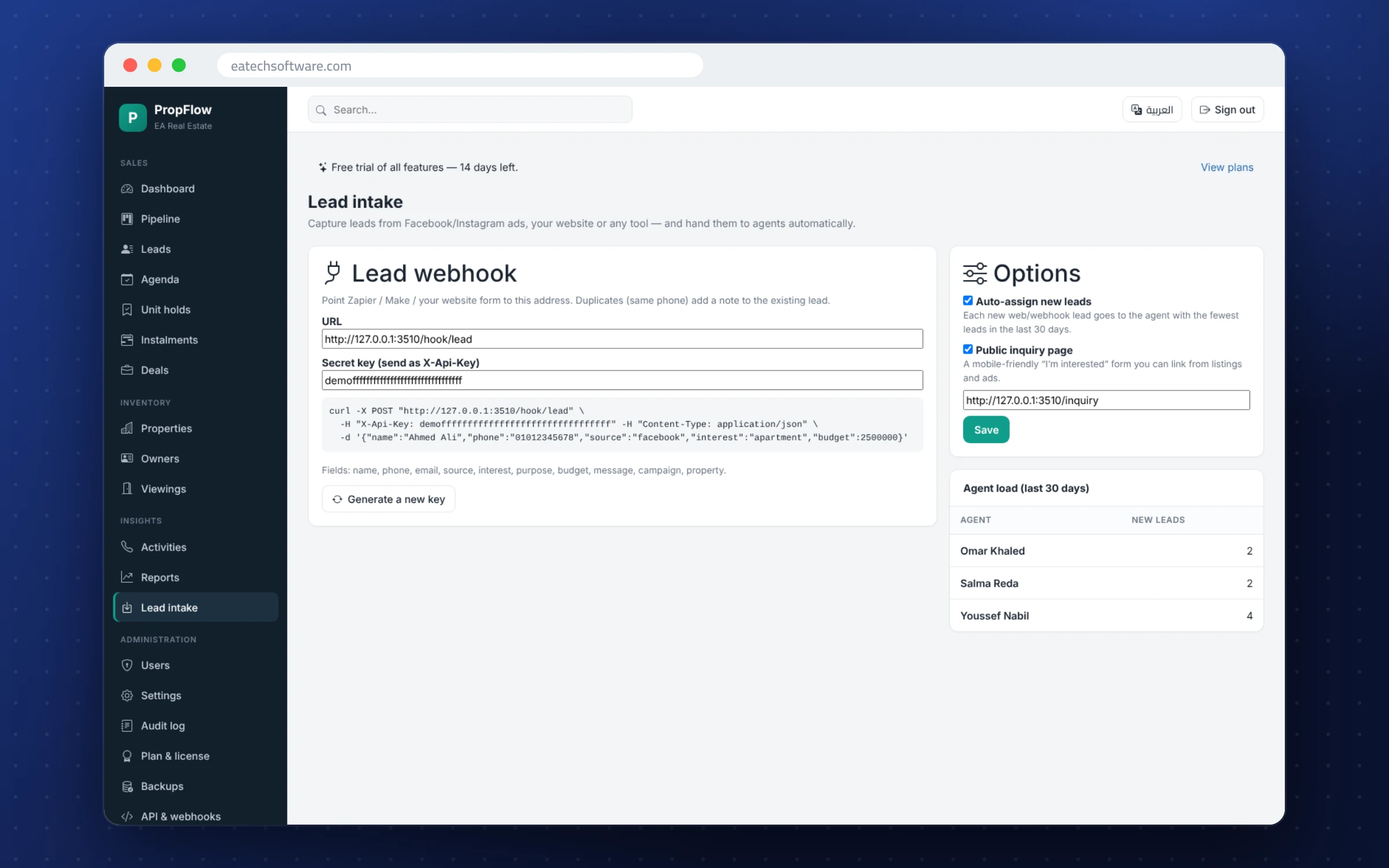 PropFlow — Real-Estate CRM — Lead intake: webhook for Meta / Zapier / your website with auto-assignment