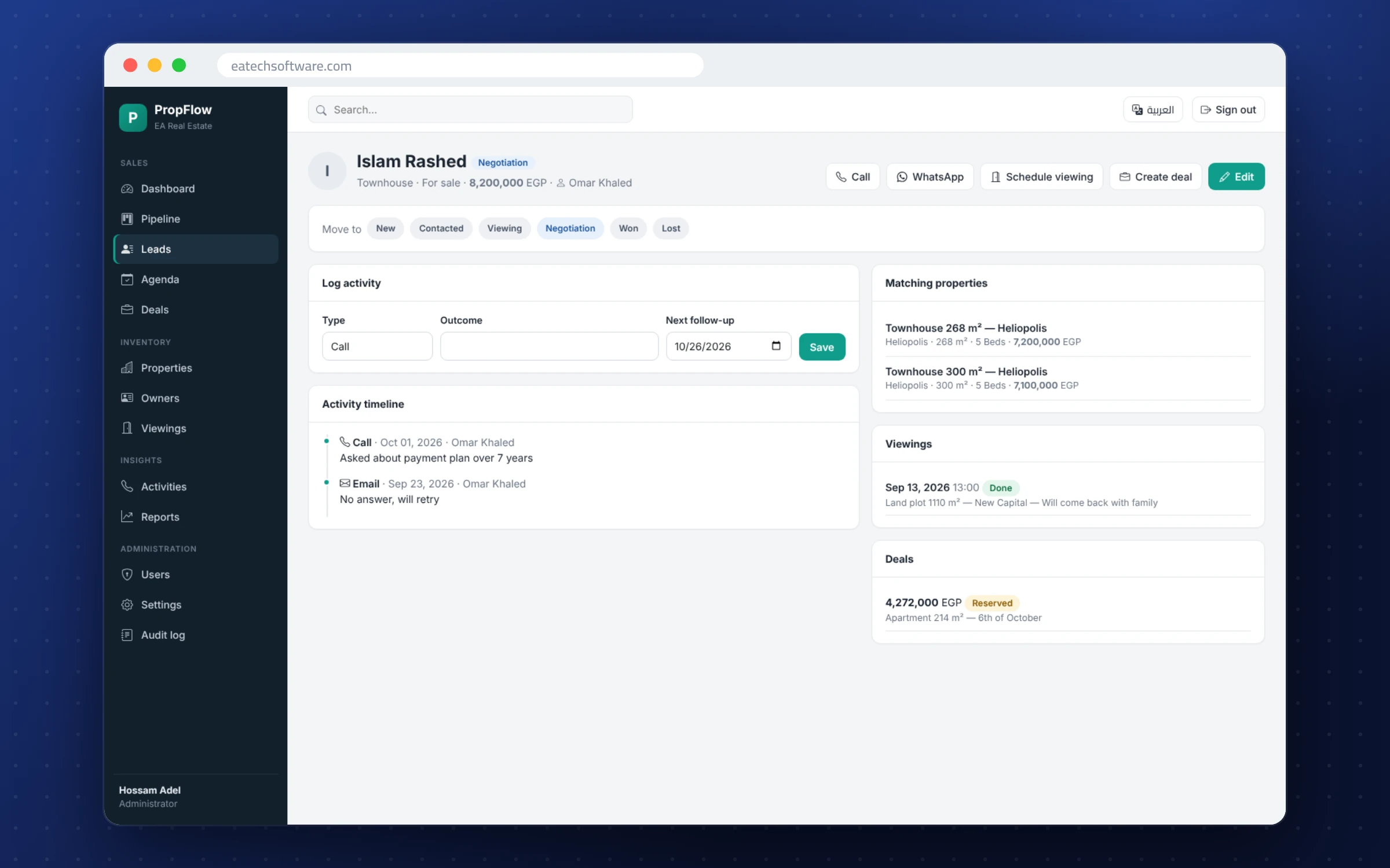 PropFlow — Real-Estate CRM — Lead file: requirements, activity timeline and next follow-up