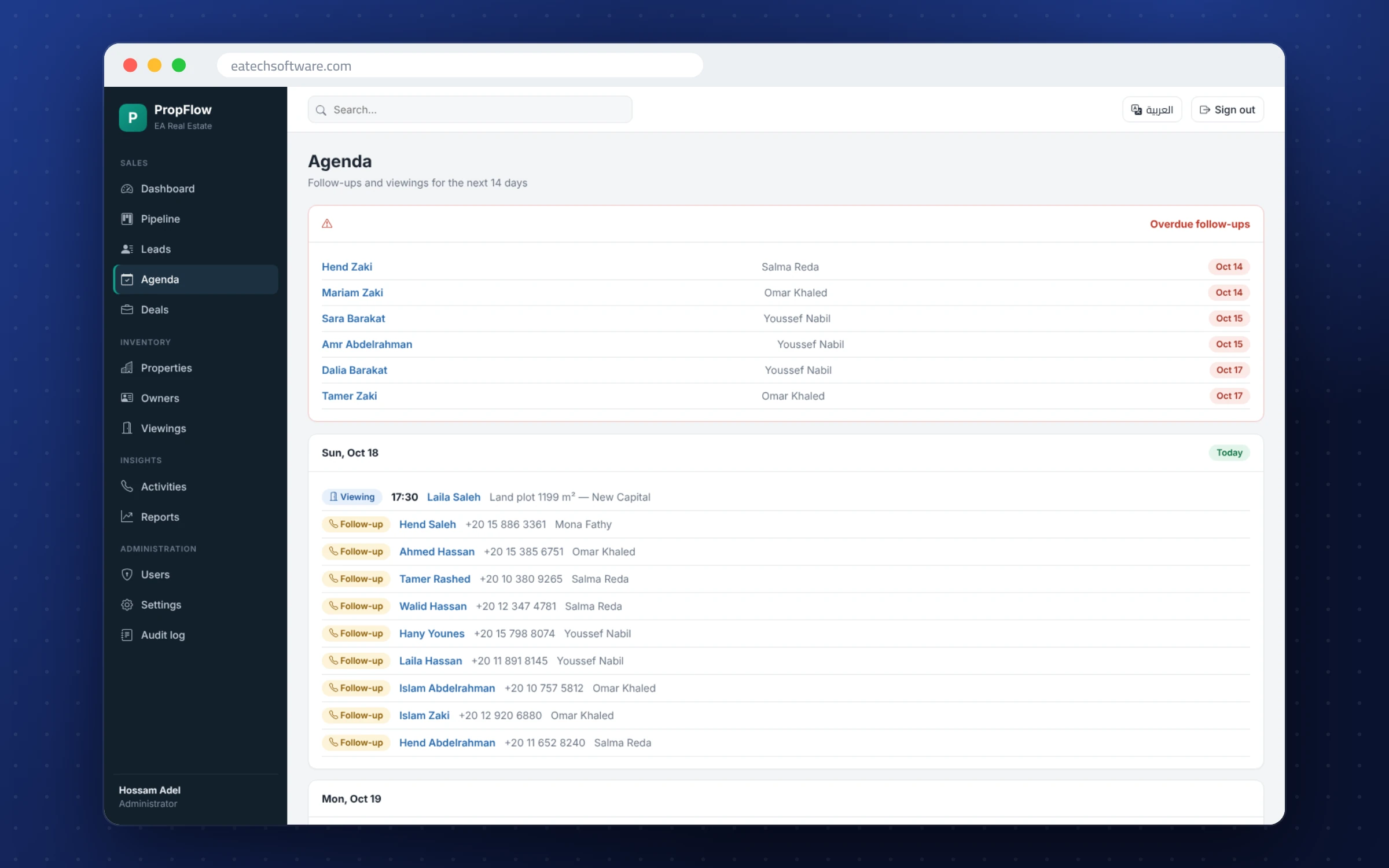 PropFlow — Real-Estate CRM — Agenda: who to call today, with overdue flagged