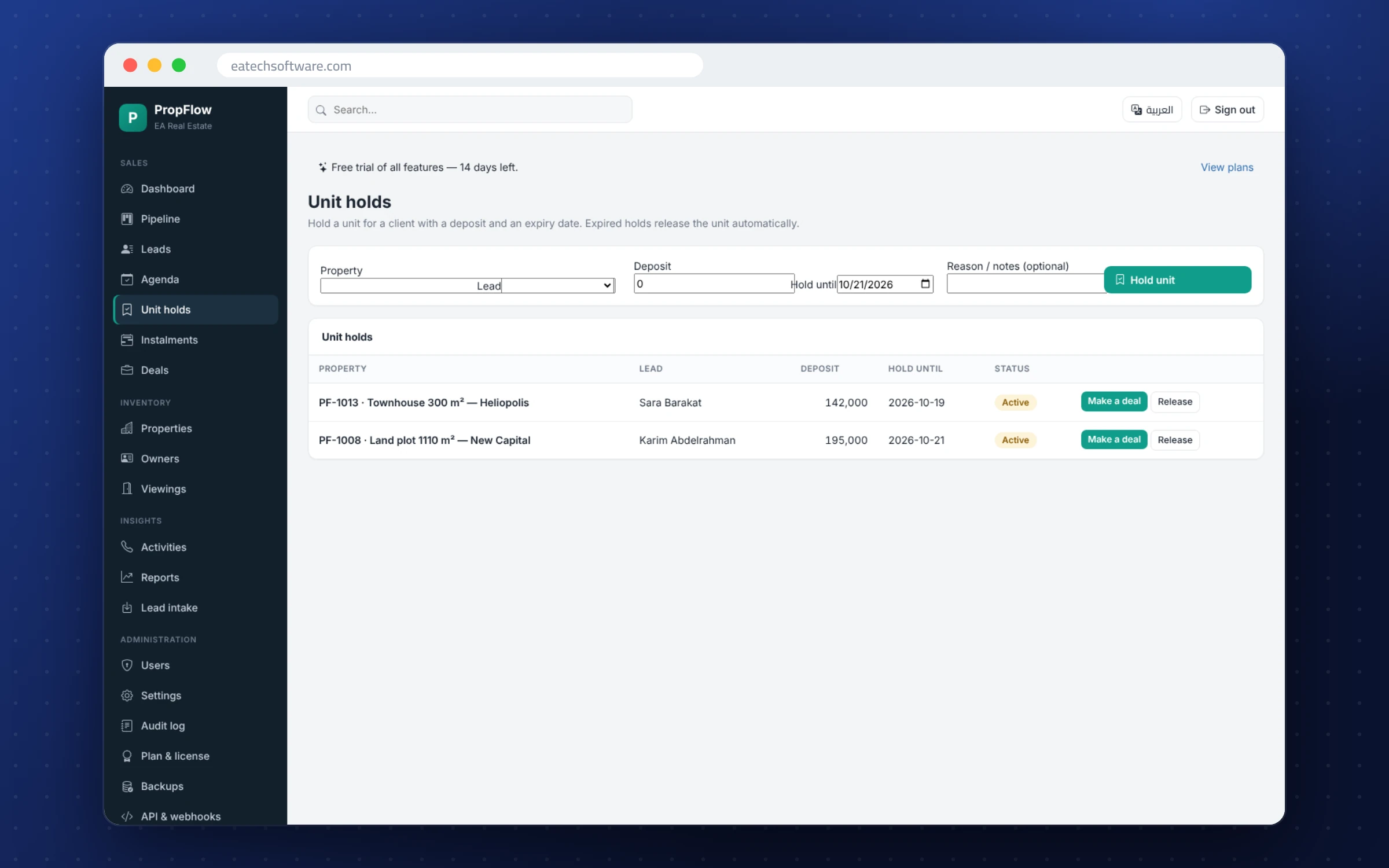 PropFlow — Real-Estate CRM — Unit holds that expire automatically