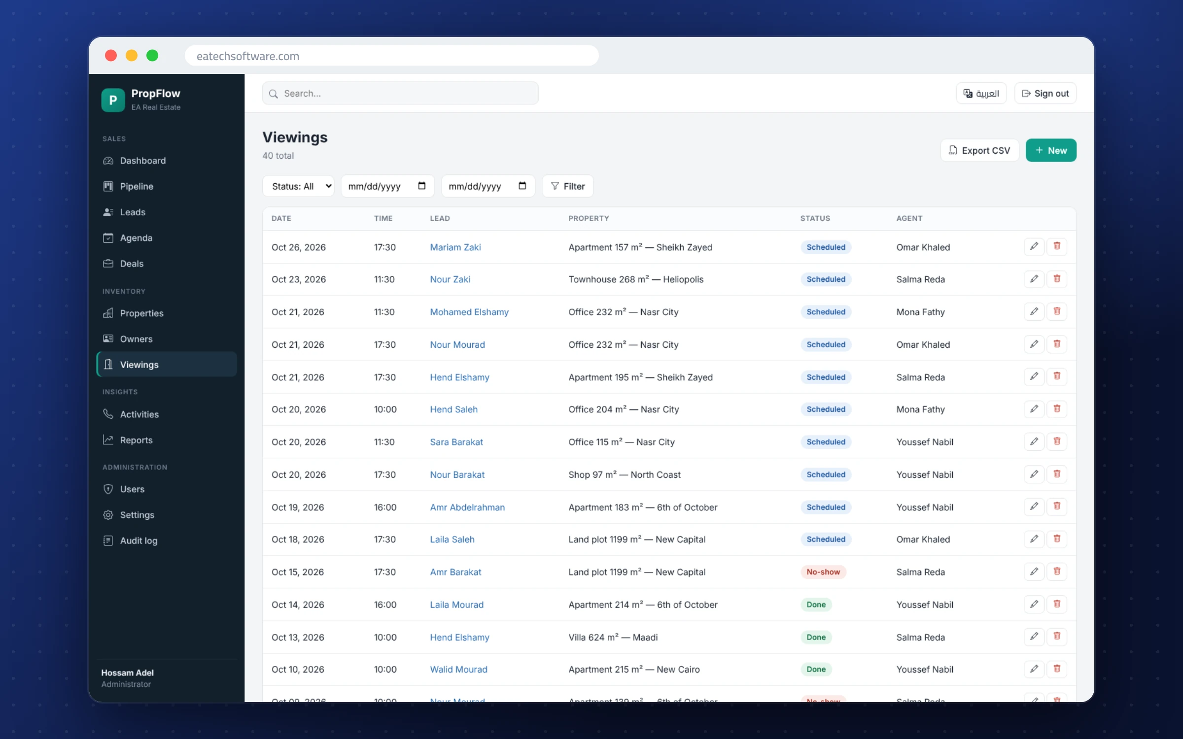 PropFlow — Real-Estate CRM — Viewings calendar linked to leads and properties