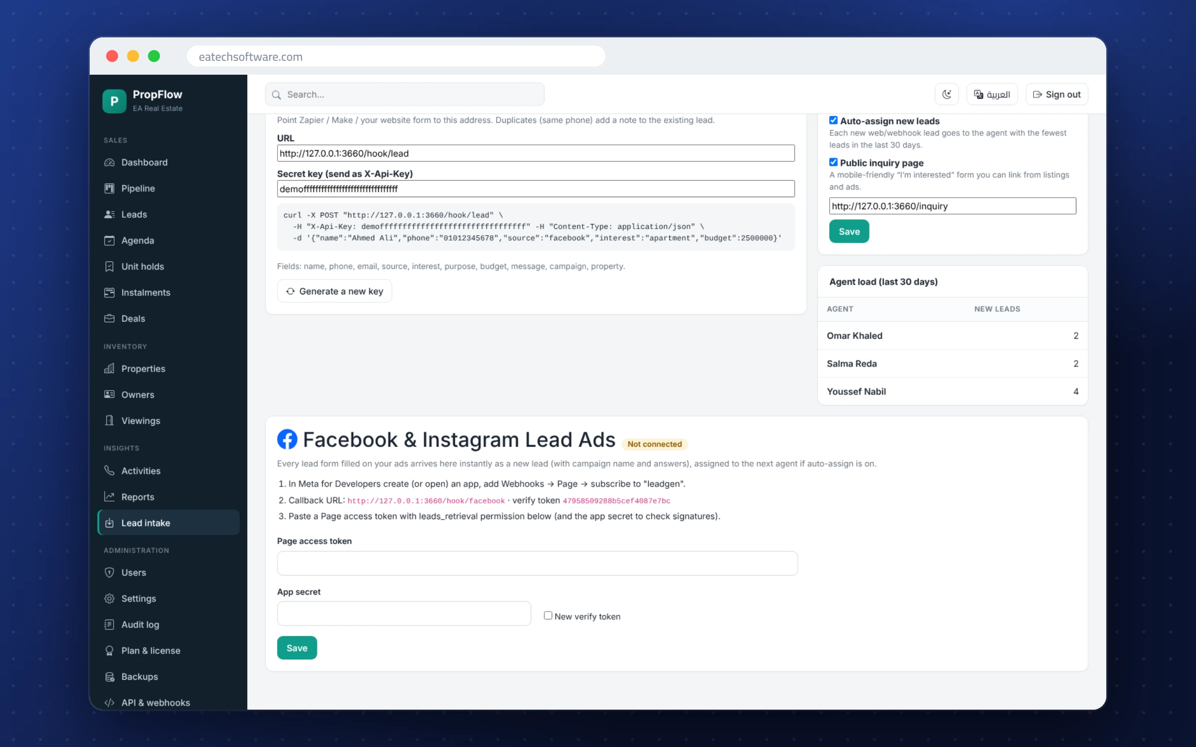 PropFlow — Real-Estate CRM — Facebook & Instagram Lead Ads arrive instantly as new leads