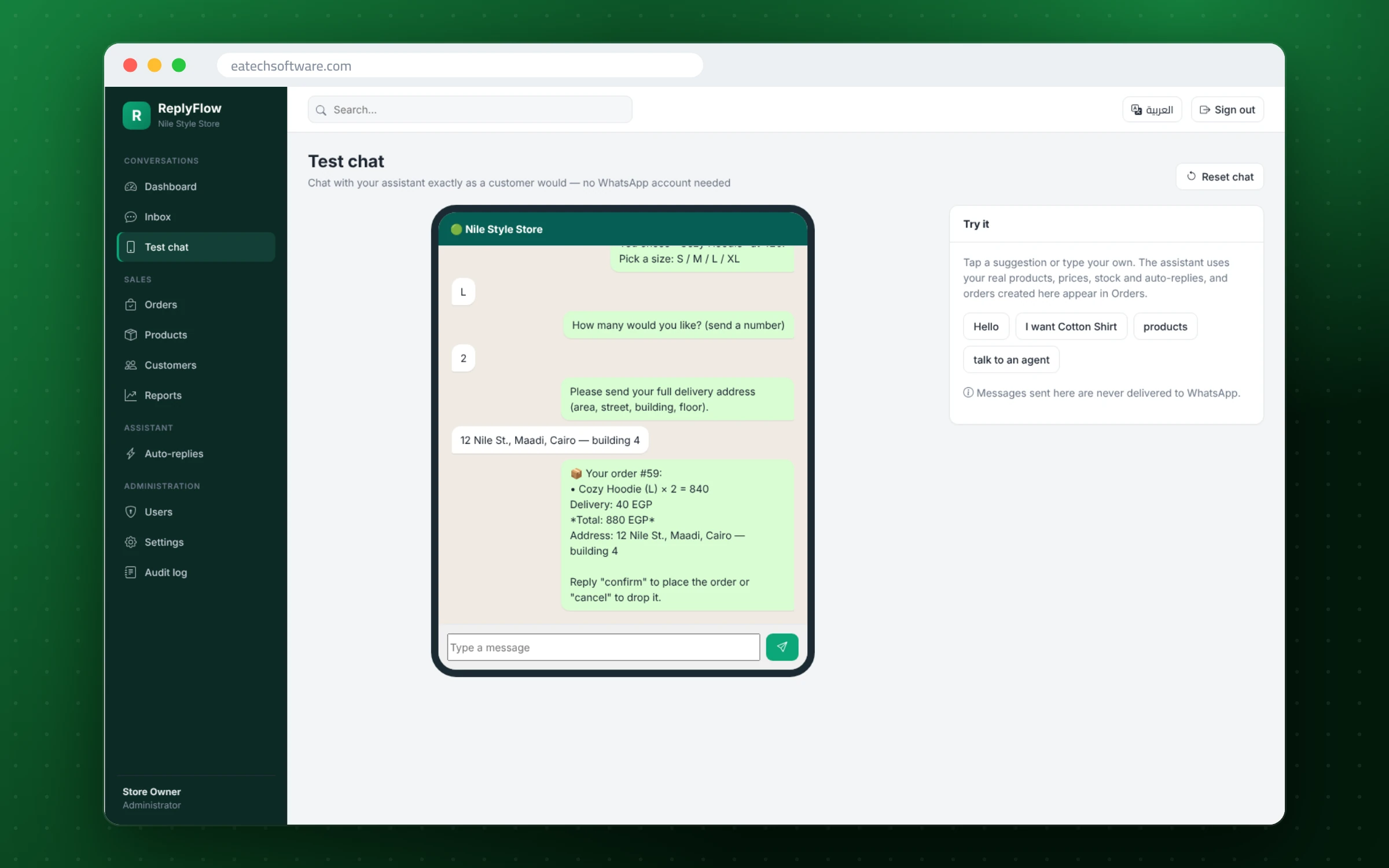 ReplyFlow — WhatsApp Sales Assistant — Built-in test chat