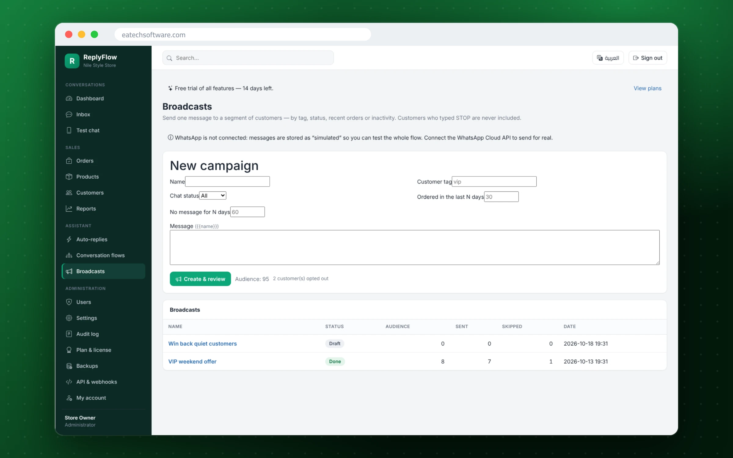 ReplyFlow — WhatsApp Sales Assistant — Broadcast campaigns by segment, scheduled and throttled