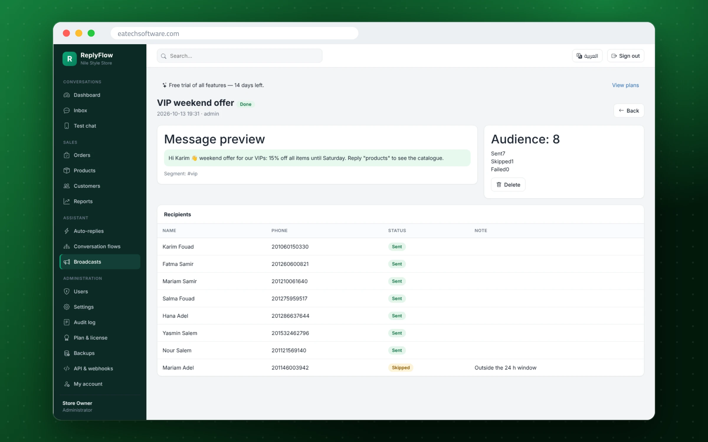 ReplyFlow — WhatsApp Sales Assistant — Campaign preview, audience and delivery status (24-hour window respected)