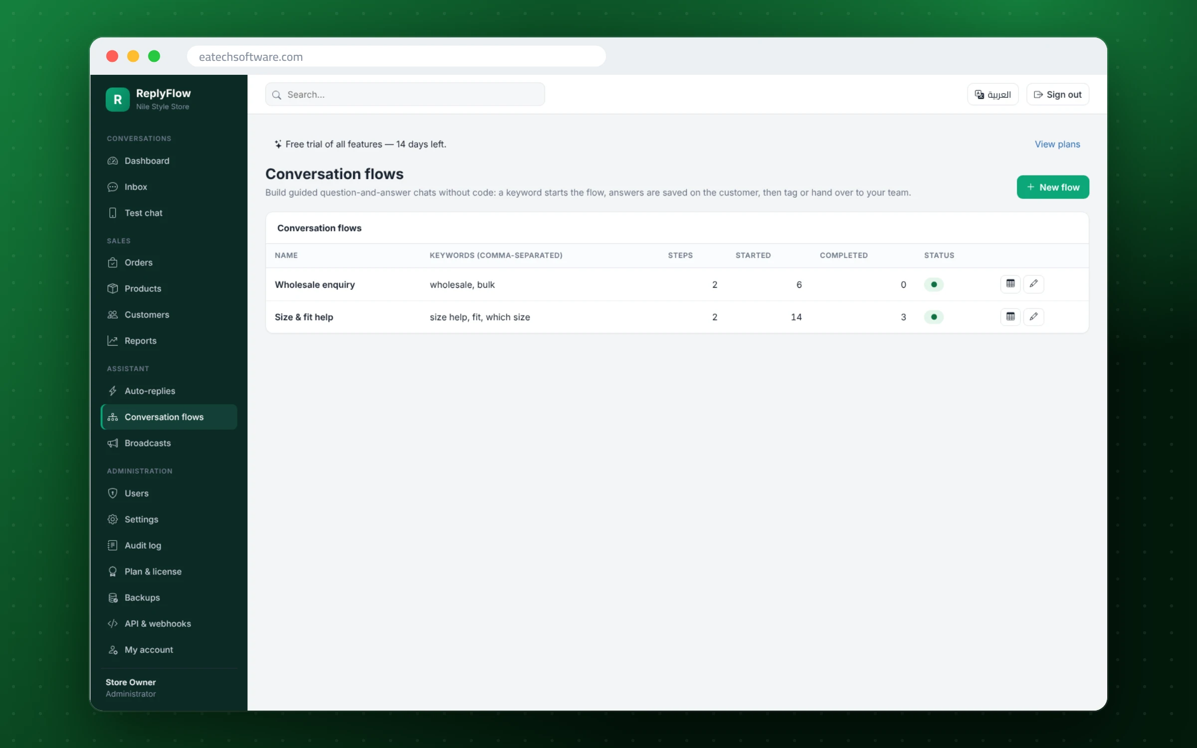 ReplyFlow — WhatsApp Sales Assistant — Conversation flows triggered by keywords