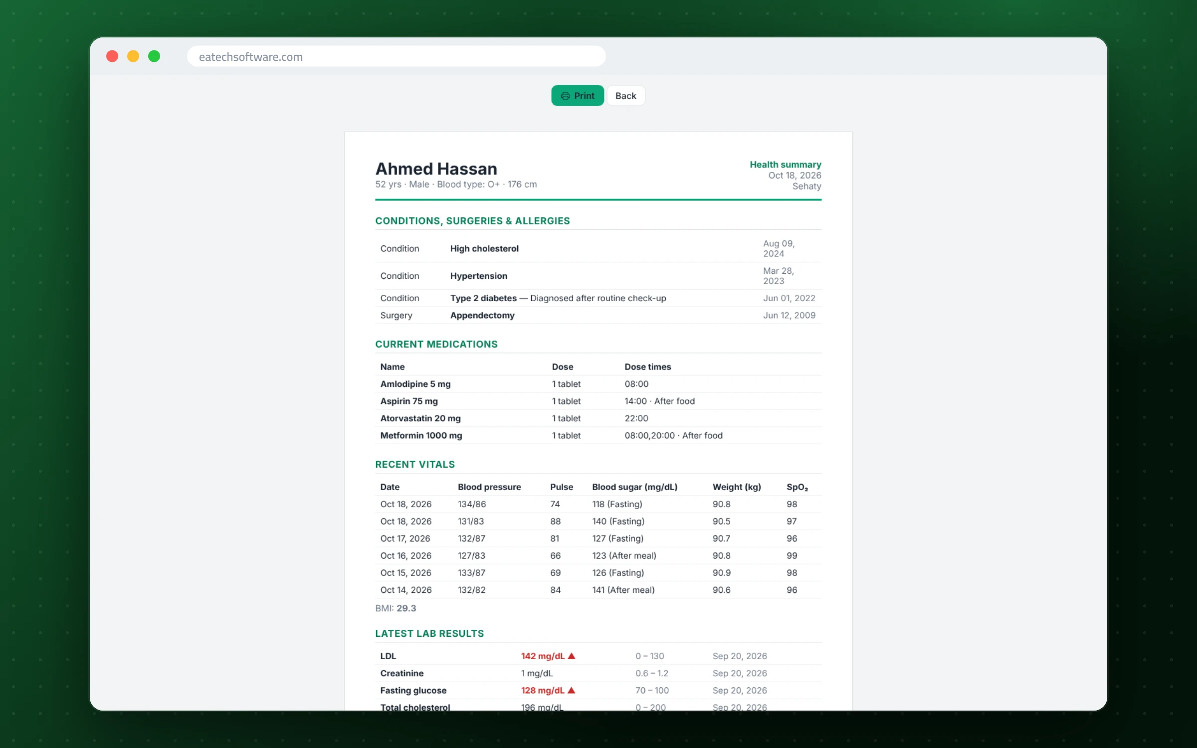 Sehaty — Family Health Record — One-page summary to print for the doctor