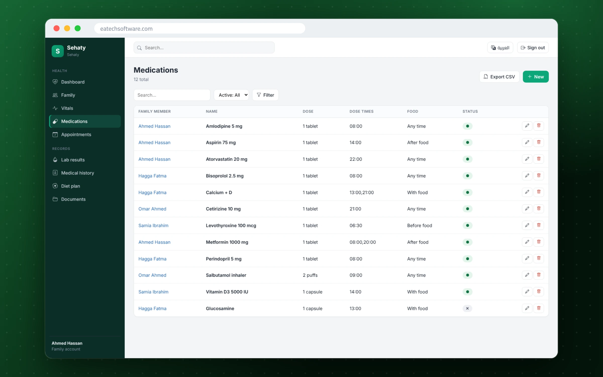 Sehaty — Family Health Record — Medication checklist with “taken” tracking