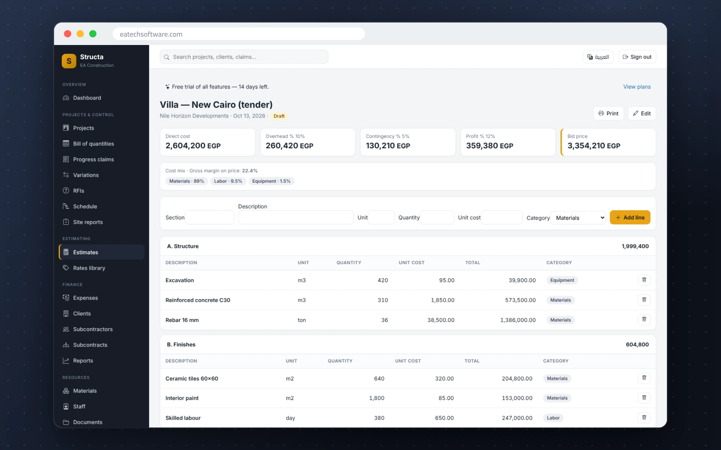 Structa — Construction Management — Estimating workbench with overhead, contingency and profit, then convert to a project