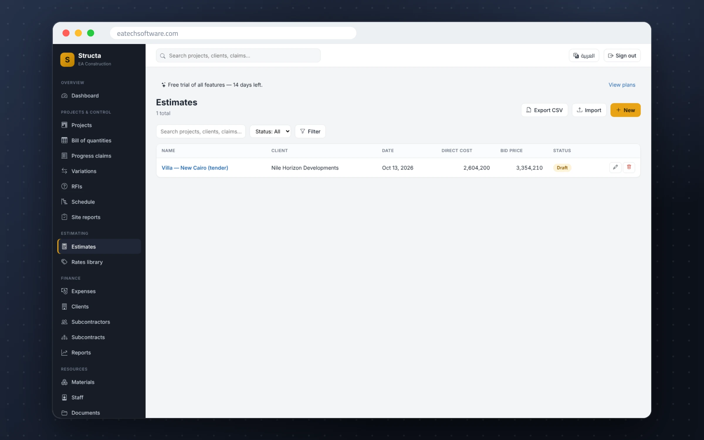 Structa — Construction Management — Estimates list with status