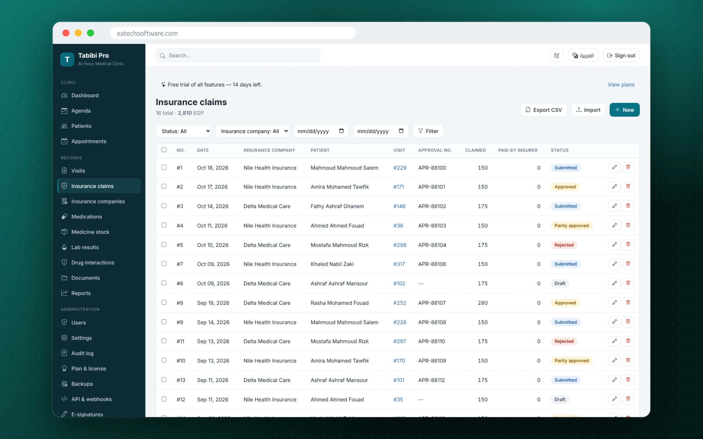 Tabibi Pro — Doctor Practice Management — Insurance claims on visits, posted automatically when paid