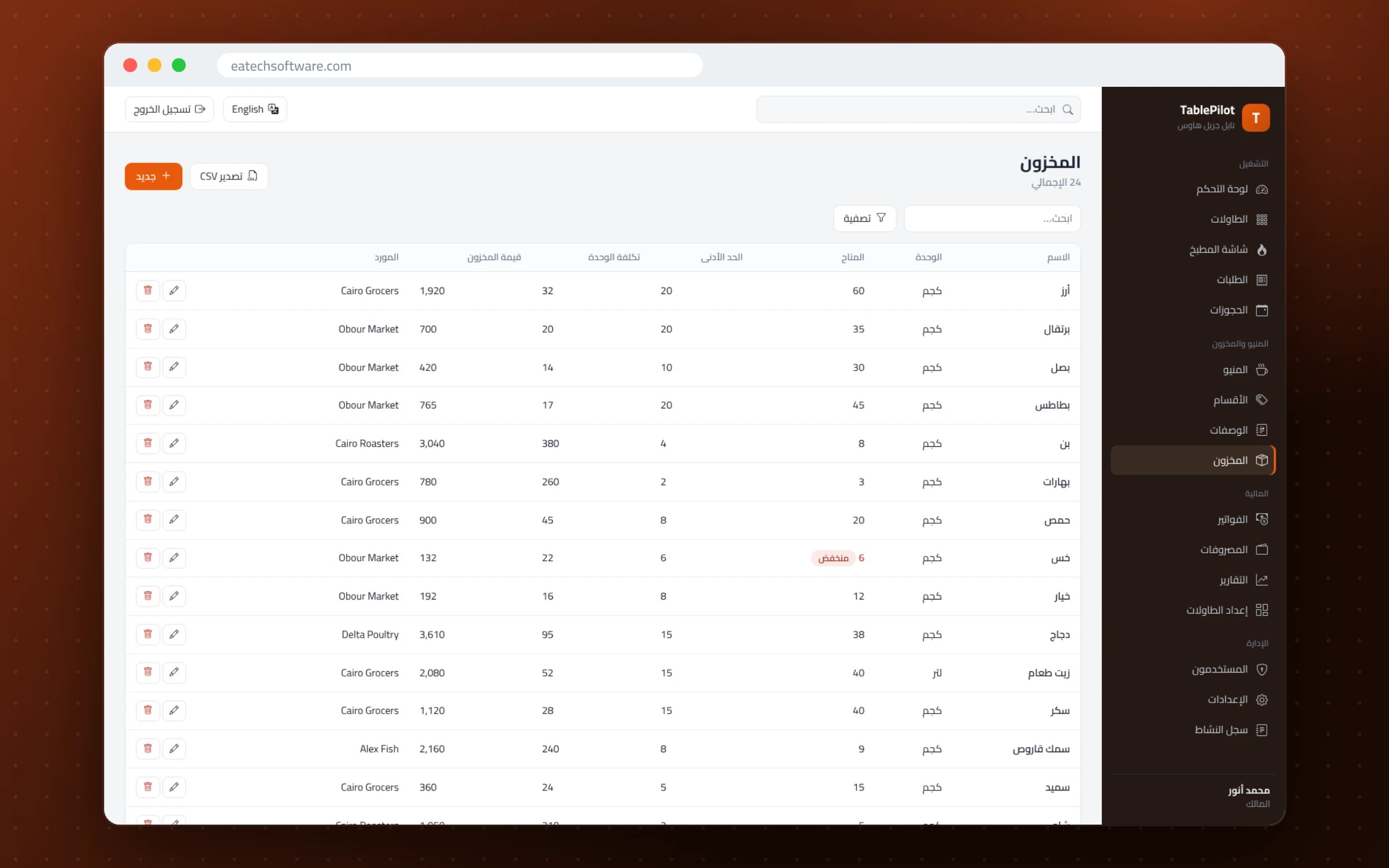 TablePilot — إدارة المطاعم — المخزون وتنبيهات النقص