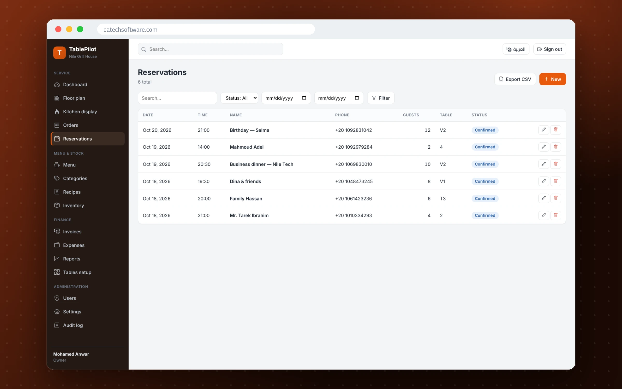 TablePilot — Restaurant Management — Reservations by date and table