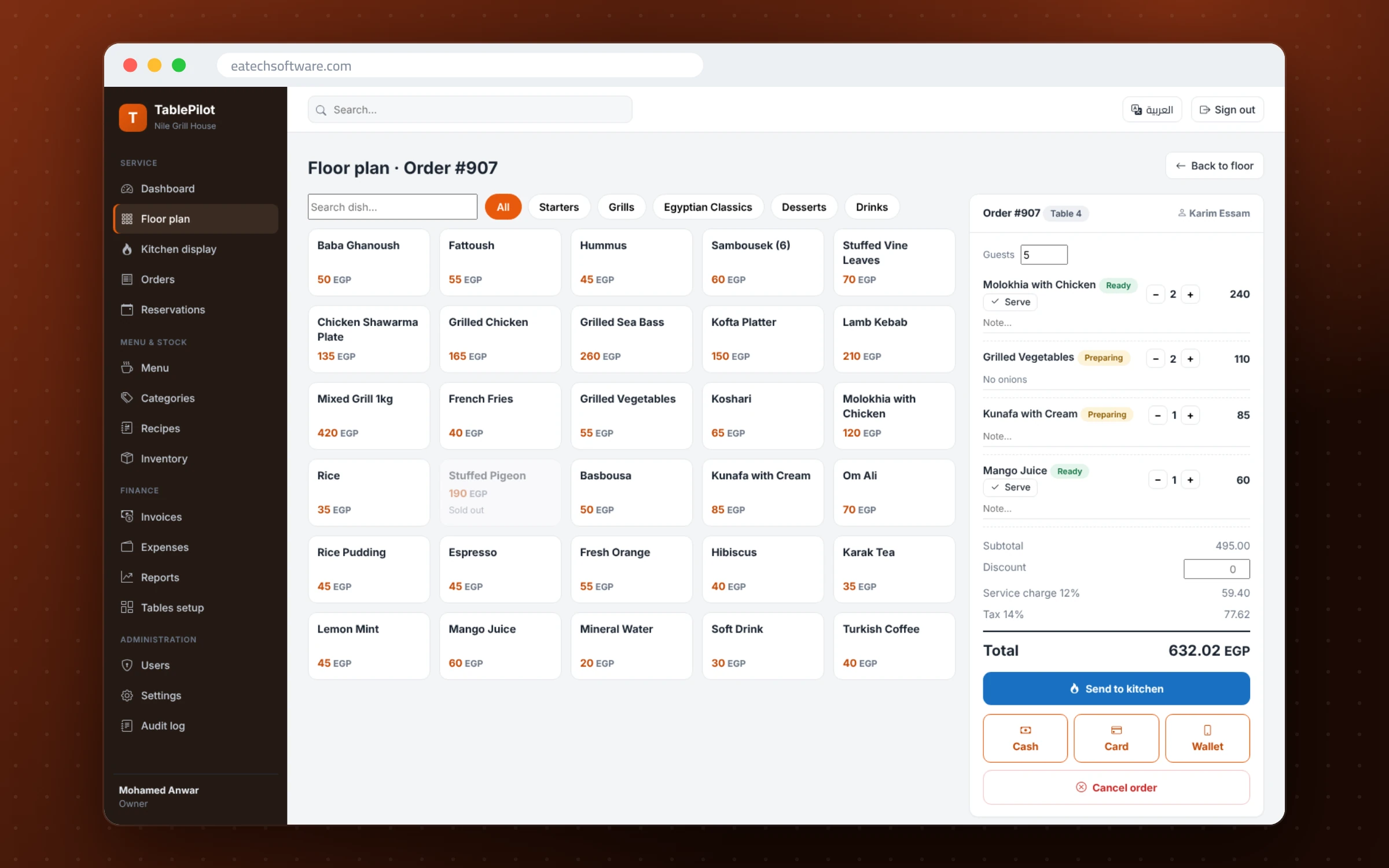 TablePilot — Restaurant Management — Touch POS: build the order and send to kitchen