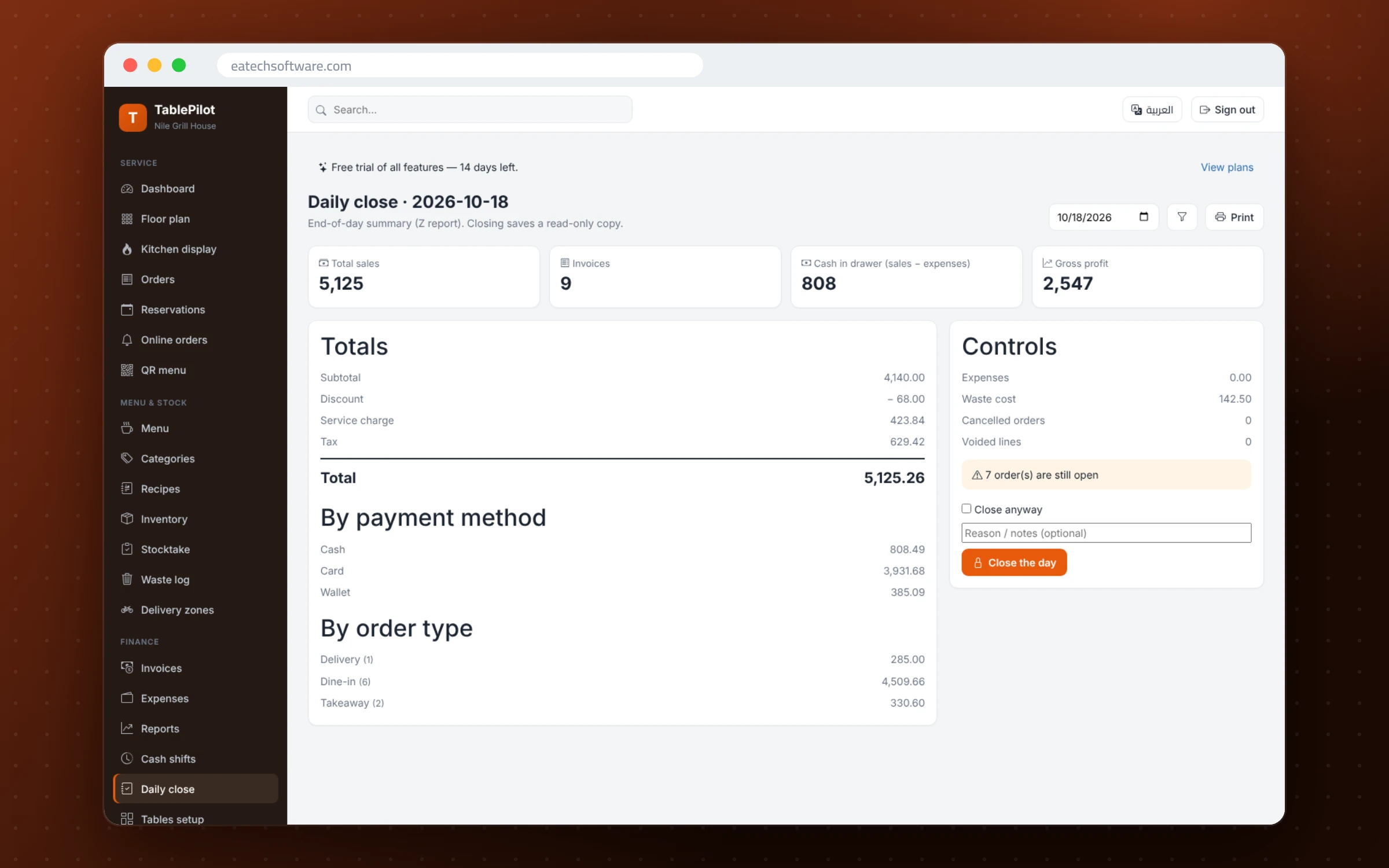 TablePilot — Restaurant Management — End-of-day close: totals by payment method and expected vs counted cash