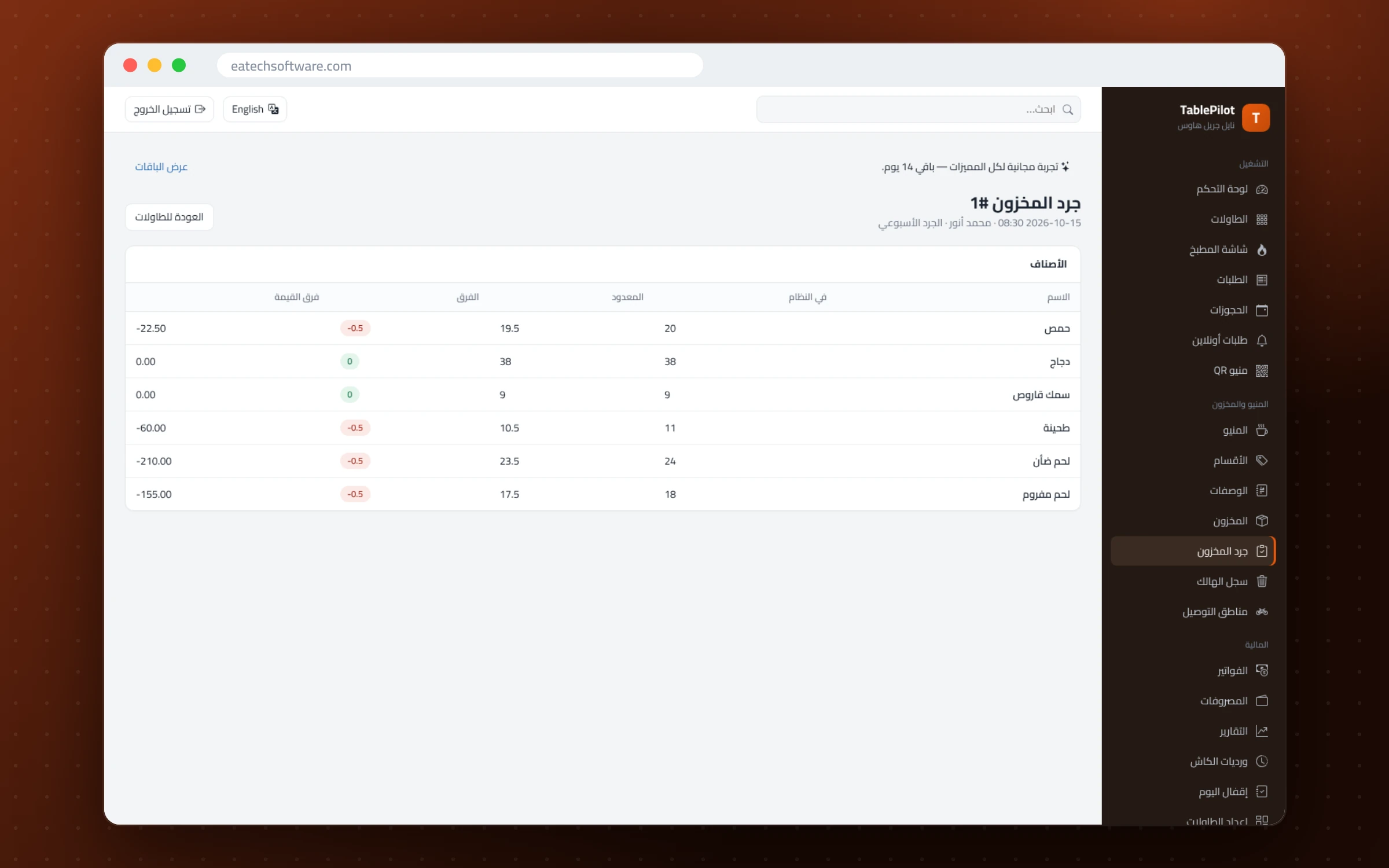 TablePilot — إدارة المطاعم — الجرد مع فروقات كل مكوّن