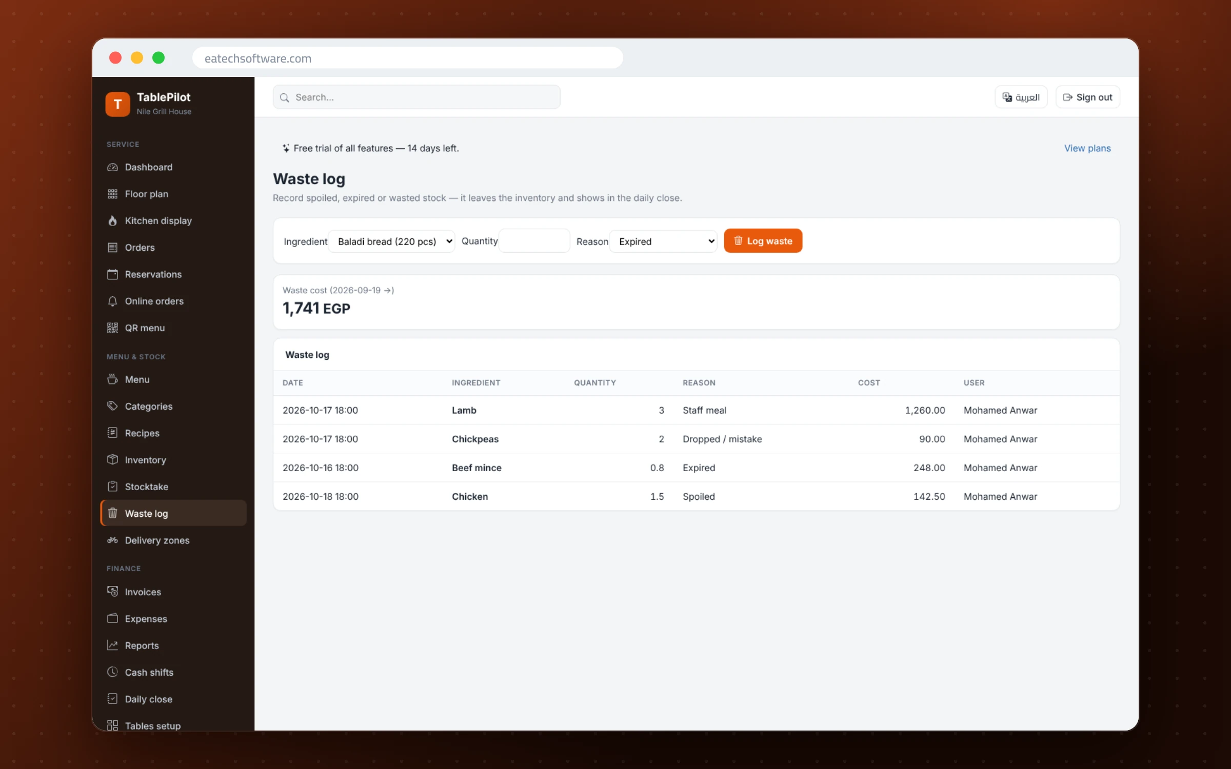 TablePilot — Restaurant Management — Waste log with cost by reason